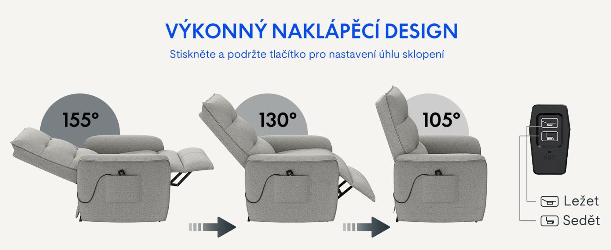 FLEXISPOT Elektrické relaxační křeslo s polohováním 105°–155°, ergonomické křeslo s podnožkou, TV křeslo do 200 kg, světle šedé