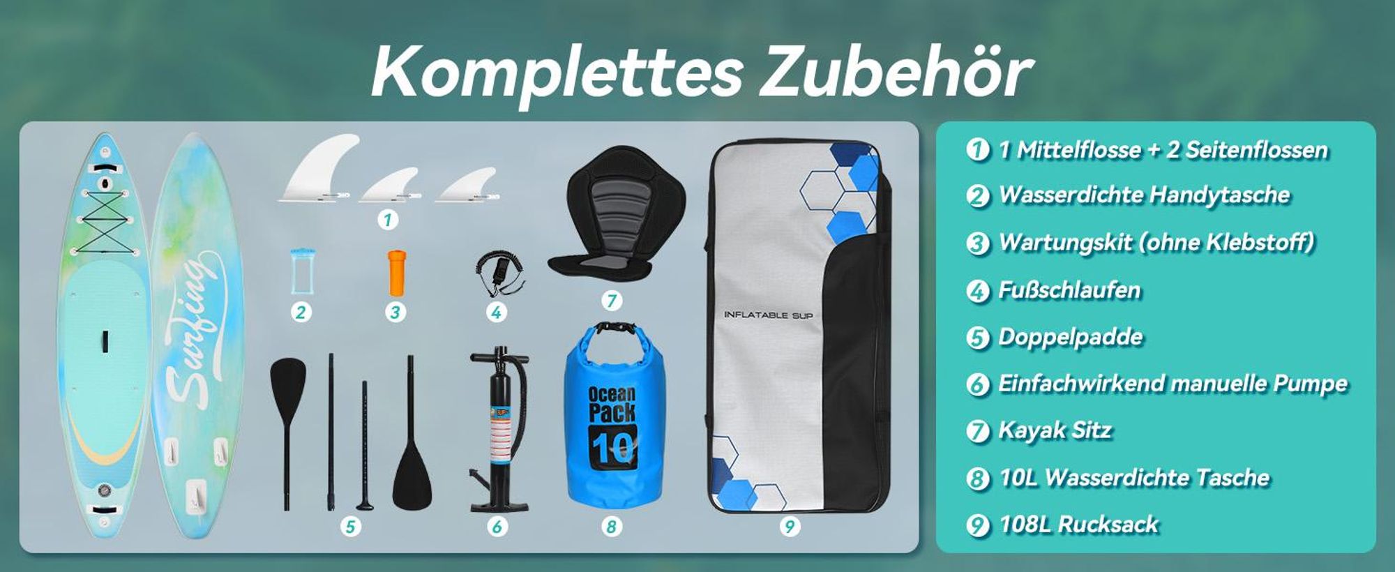 Puluomis SUP Board mit Sitz 335cm, Stand Up Paddle Boards Set, Paddling Paddelboard Surfbrett Aufblasbar, Pumpe Tragetasche, MB. bis 150Kg Mintgrün