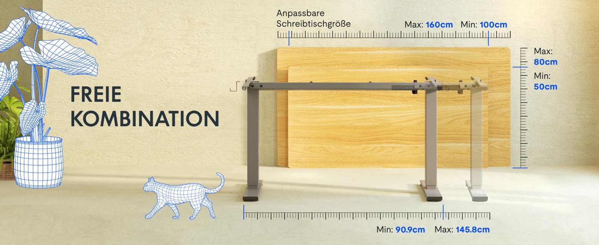 FlexiSpot EN1 Höhenverstellbarer Schreibtisch Gestell mit 2 Haken und Höhenmemory-Funktion&LED-Höhenanzeige,Elektrisch Tischbeine (Grau)
