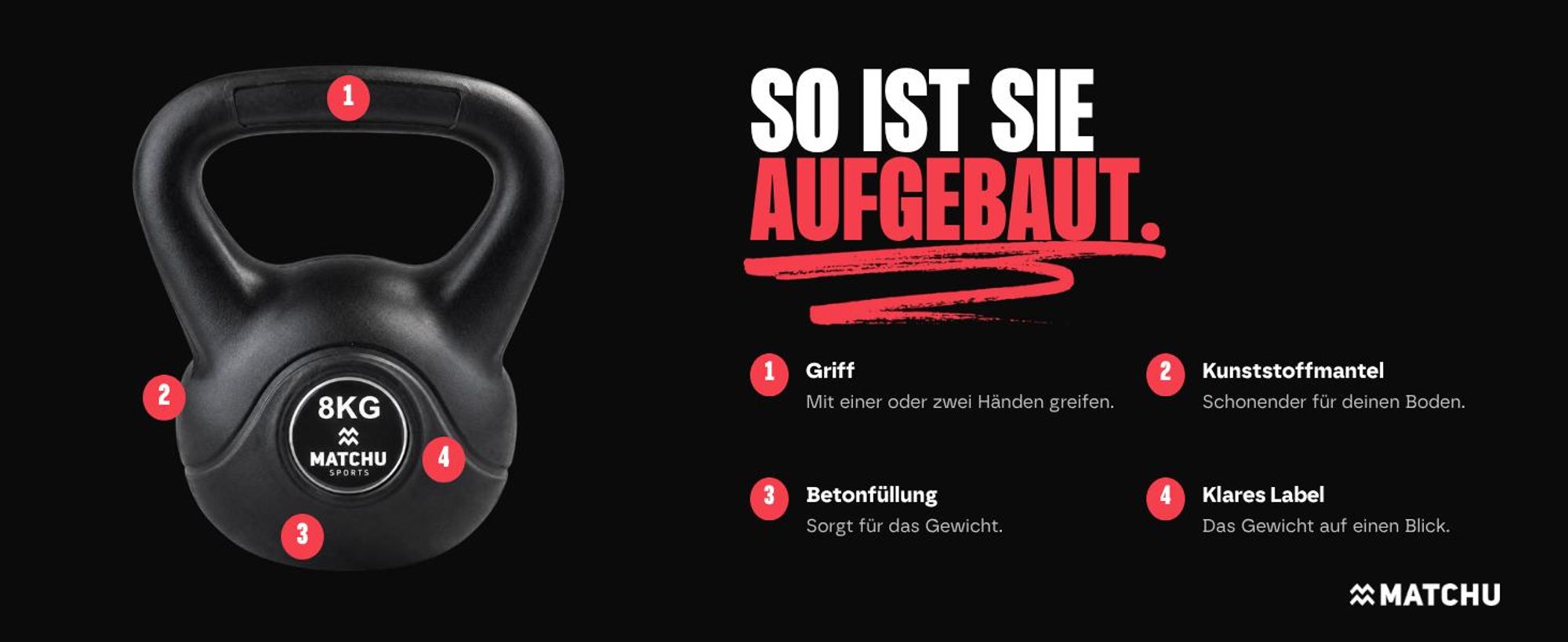 Matchu Sports Kettlebell 8 kg - Schwarz - 20cm - 26cm - Kugelhantel aus Kunststoff