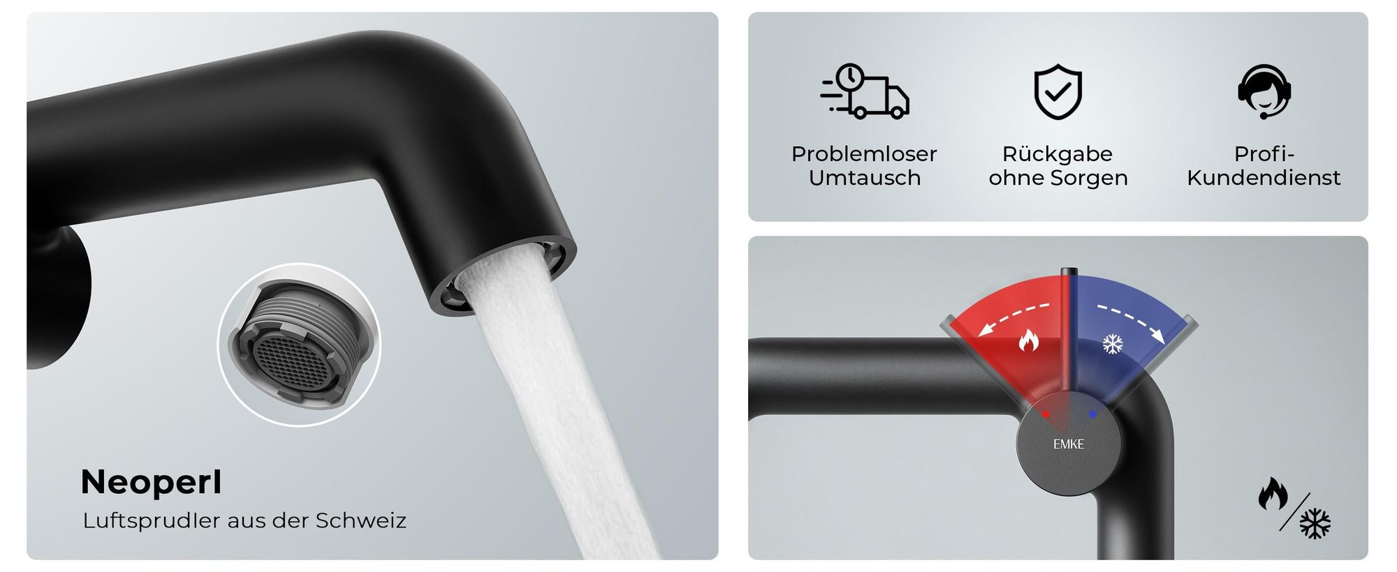 EMKE Einhebel-Waschtischarmatur, Badarmaturen 222x200x76mm  G3/9", Wassersparend, Korrosionsschutz, Bleifreies Messing, Mattes Schwarz