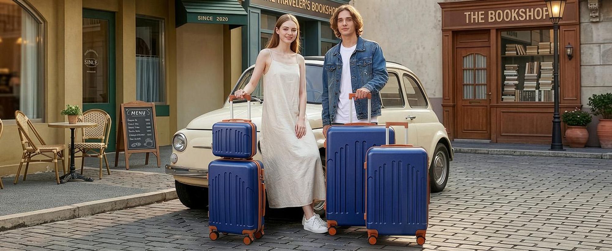 FCH 4tlg. Hartschalenkoffer Trolley M/L/XL 360° Rollen + Handtasche Dunkelblau