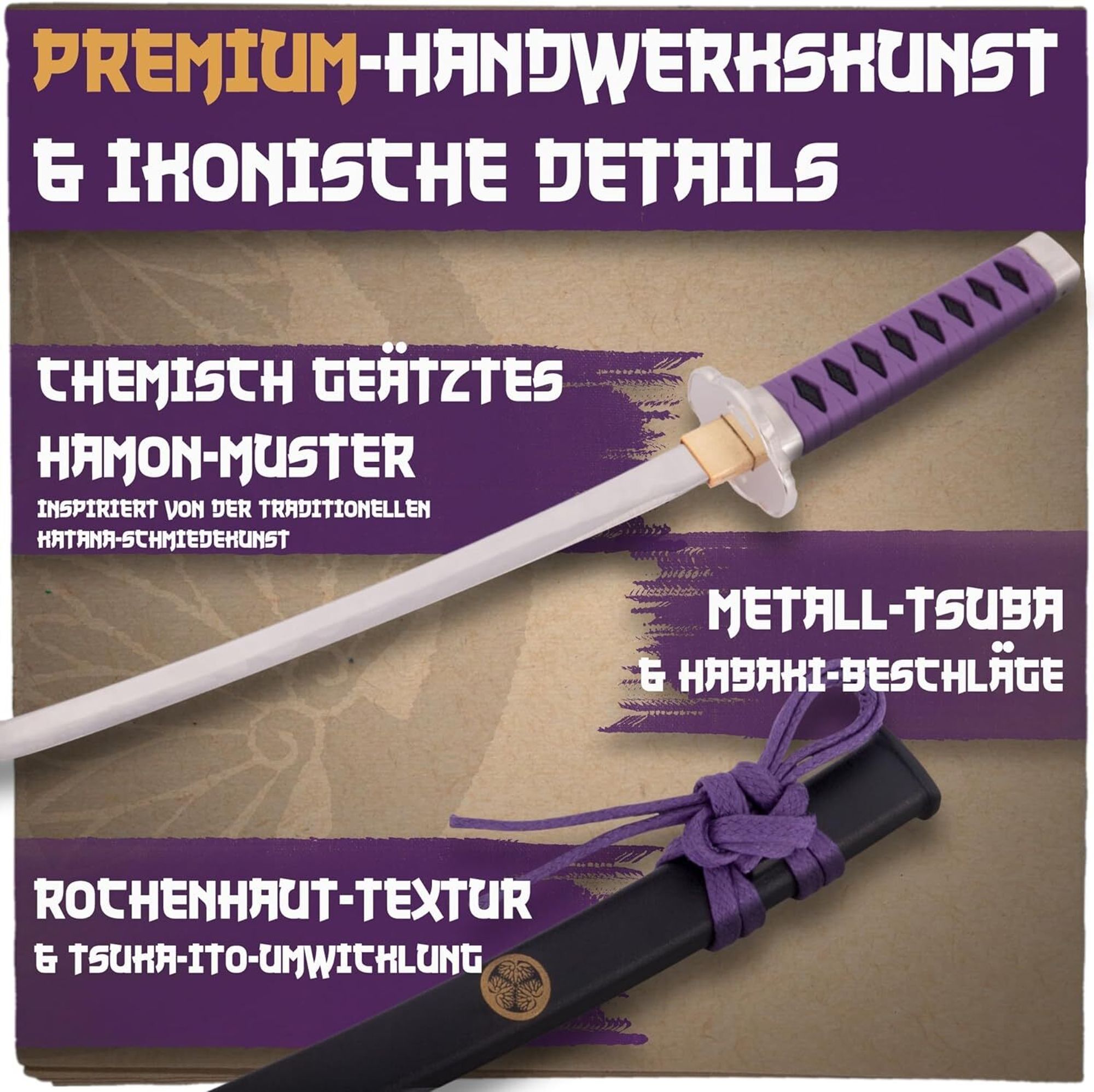 Brieföffner Schwert – Mini Katana 20 cm – Echt scharf – Japanische Schmiedekunst aus Stahl – Handarbeit mit Ständer – Elegantes Samuraischwert