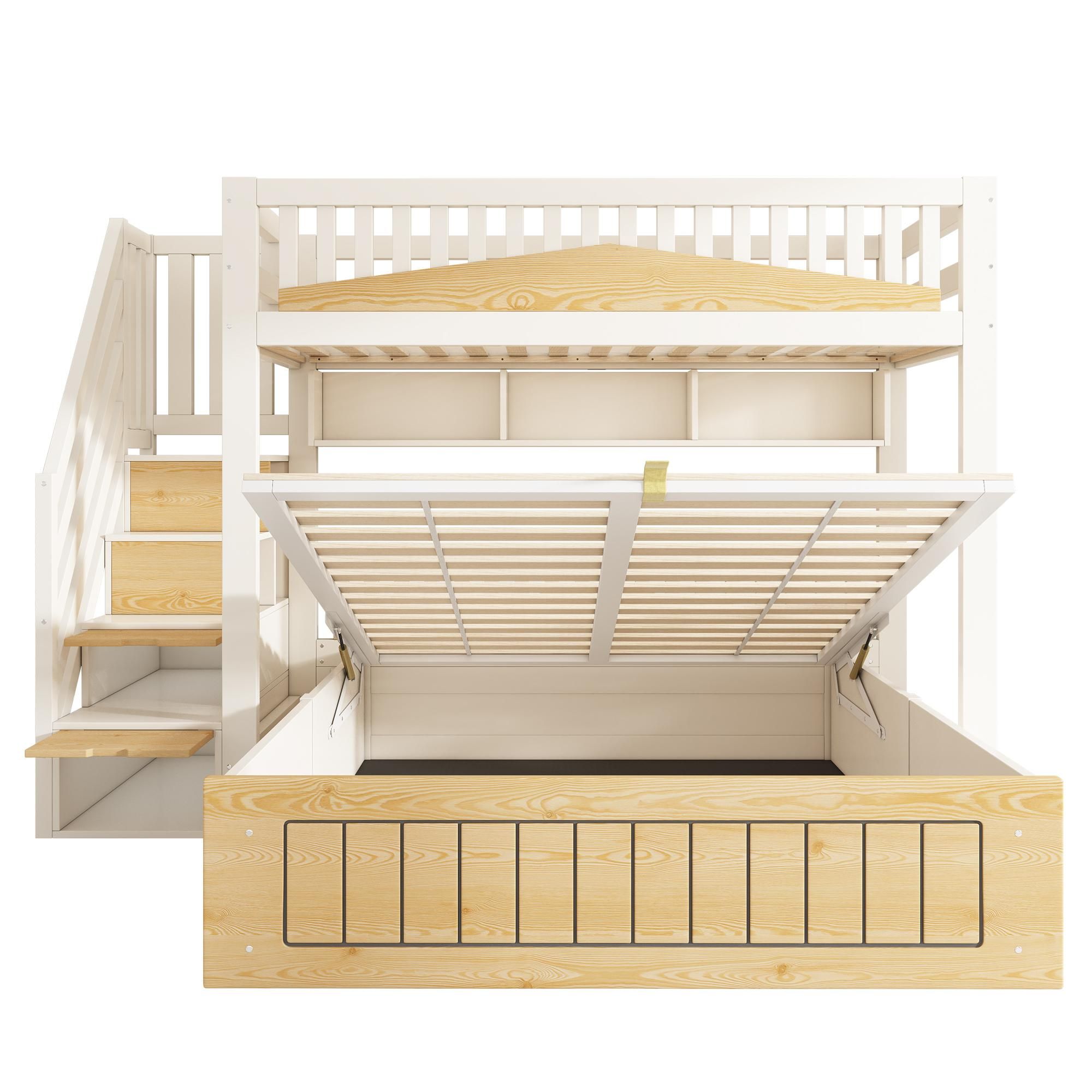 Flieks Hydraulisches Etagenbett 90x200cm/140x200cm mit Stauraum, Hochbett mit Ladefunktion, Kinderbett Stockbett mit Regal und Schubladen, Weiß