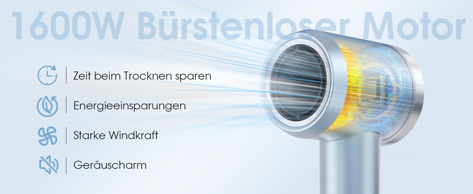 YASHE Ionen-Haartrockner HD-896, 1600 W, 110.000 U/min, Hellblau