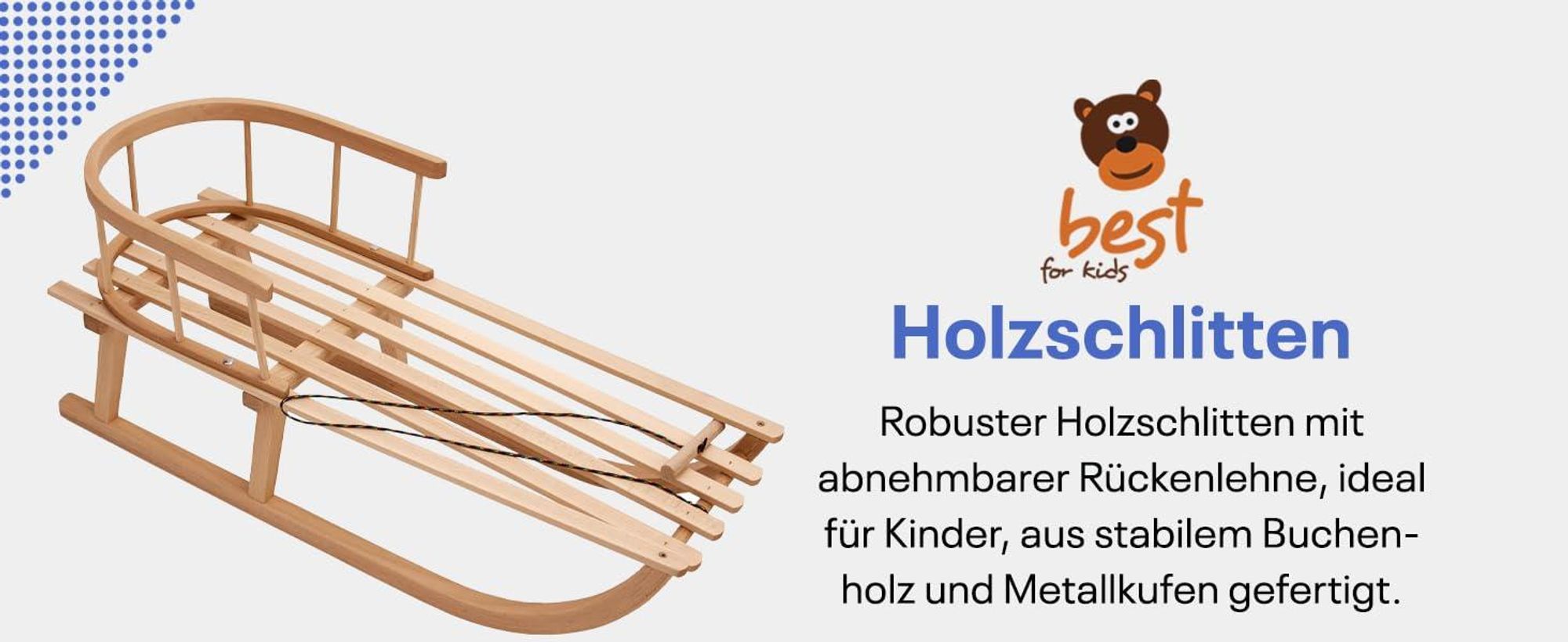 Best For Kids Holzschlitten für Kinder mit Rückenlehne┃Kinderschlitten aus Holz mit Zugseil & Gurt┃Stabiler Holzschlitten für Kinder & Erwachsene