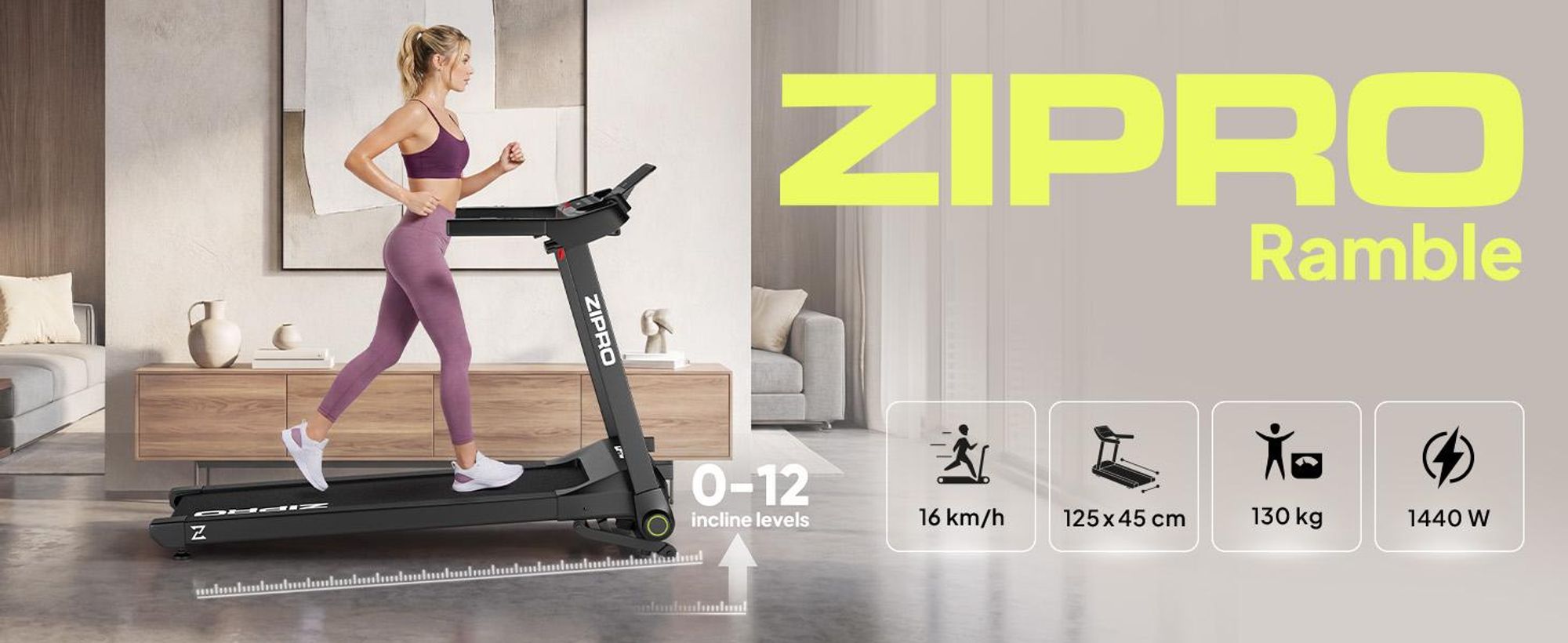 Zipro RAMBLE Flach Zusammenklappbares Laufband, Modernes Trainingslaufband, mit Neigungswinkelverstellung, Effizienter bis zu 16 km, Trainingsprograme