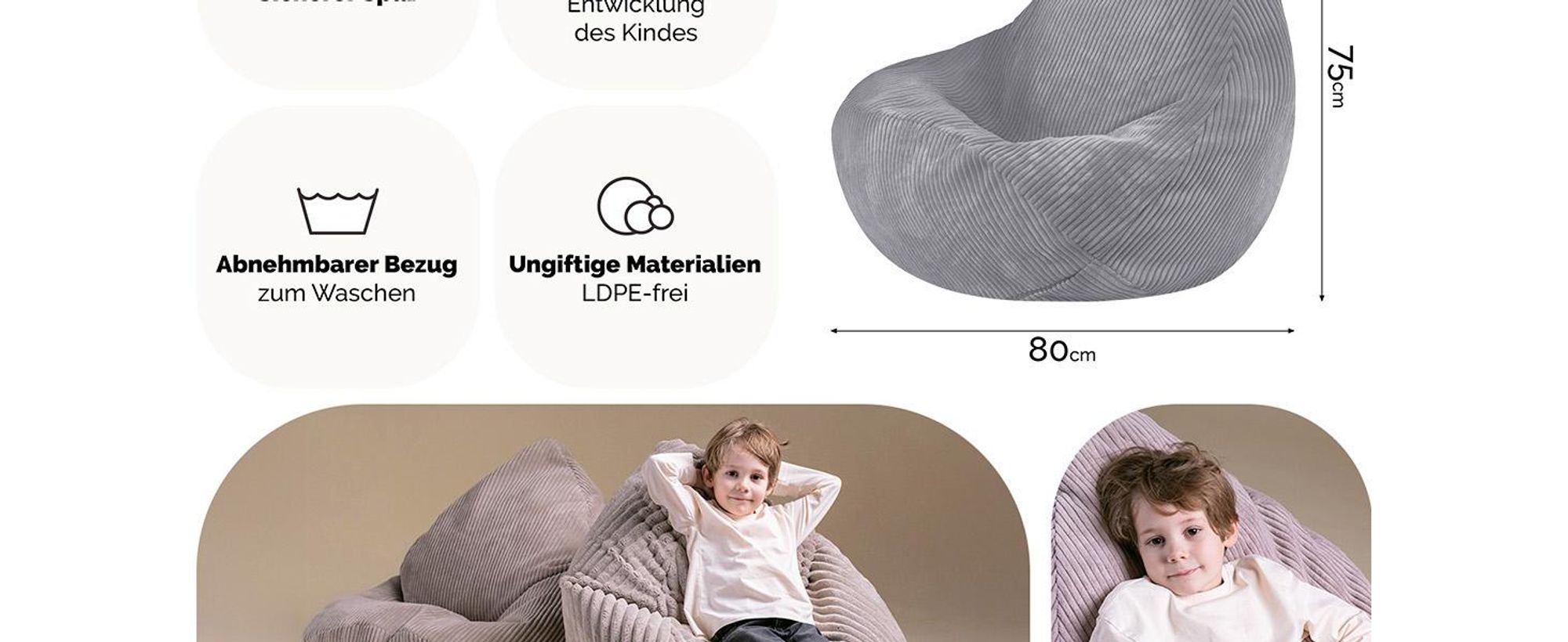 MISIOO Kinder Sitzsack Premium - Ergonomischer - Ab 12 Monaten - Bequeme Sitzsäcke fürs Kinderzimmer - Sitzsack mit Leichter Styroporfüllung