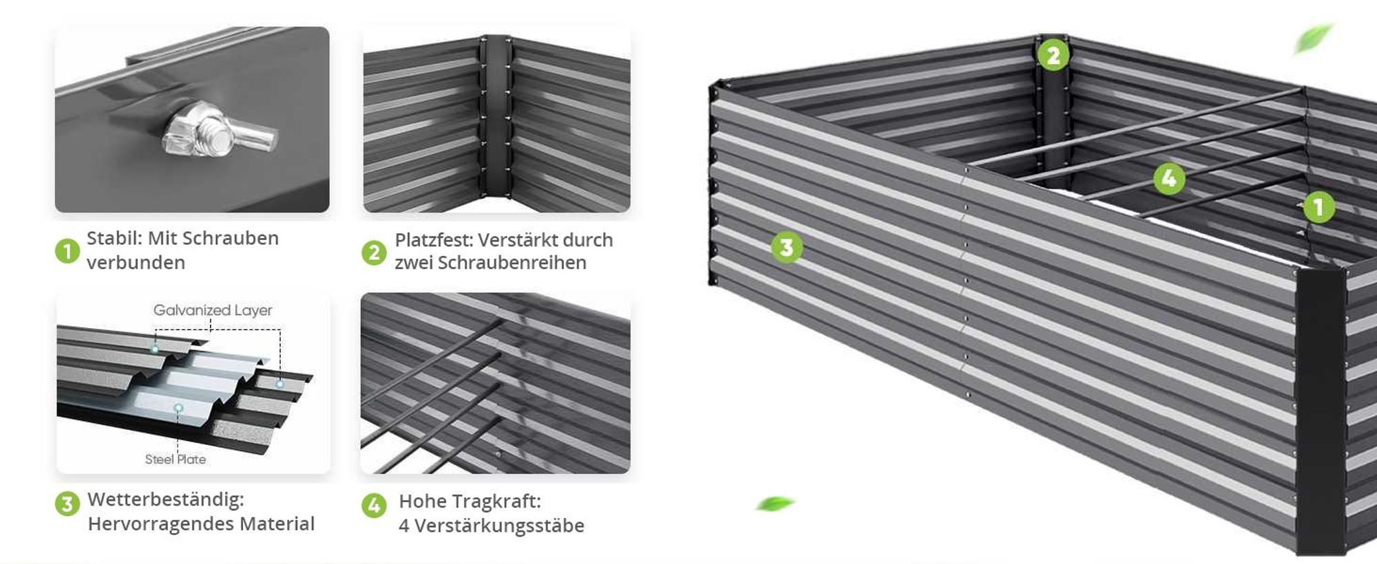 Quictent Hochbeet Metall 120 x 90 x 56cm, Kräuterbeet ohne Boden für Garten, Gemüsebeet Pflanzkasten Frühbeet mit Tomatenkäfigen,Grau