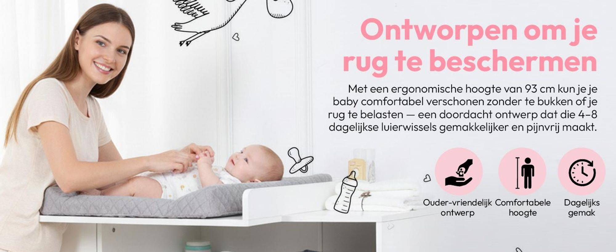 Commode met verschoningstafel, babycommode van hout met verschoningselement, 3 lades, 1 deur, 100 cm hoog, wit. Afmetingen verschoningstafel: 113 x 100 cm