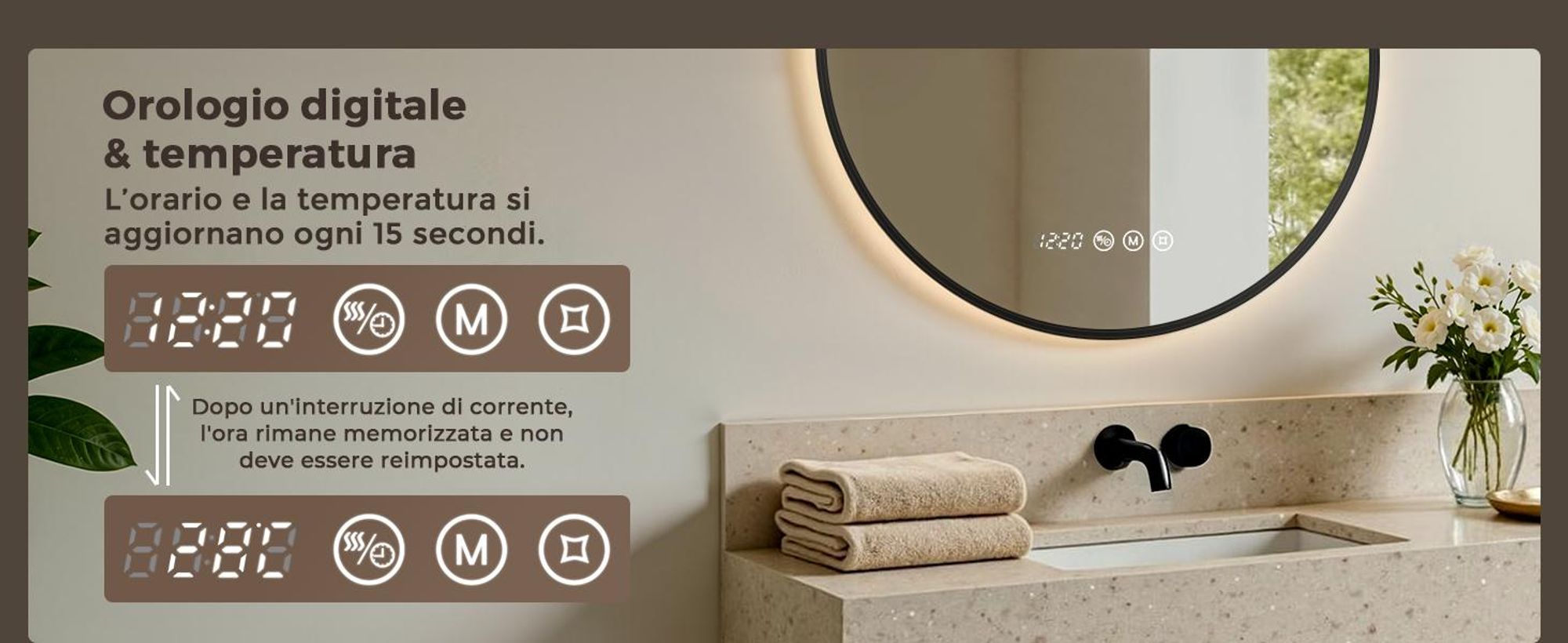 S'AFIELINA Specchio da bagno LED Rotondo 70cm, touch, antiappannamento, dimmerabile, orologio, temperatura, memoria, Nero