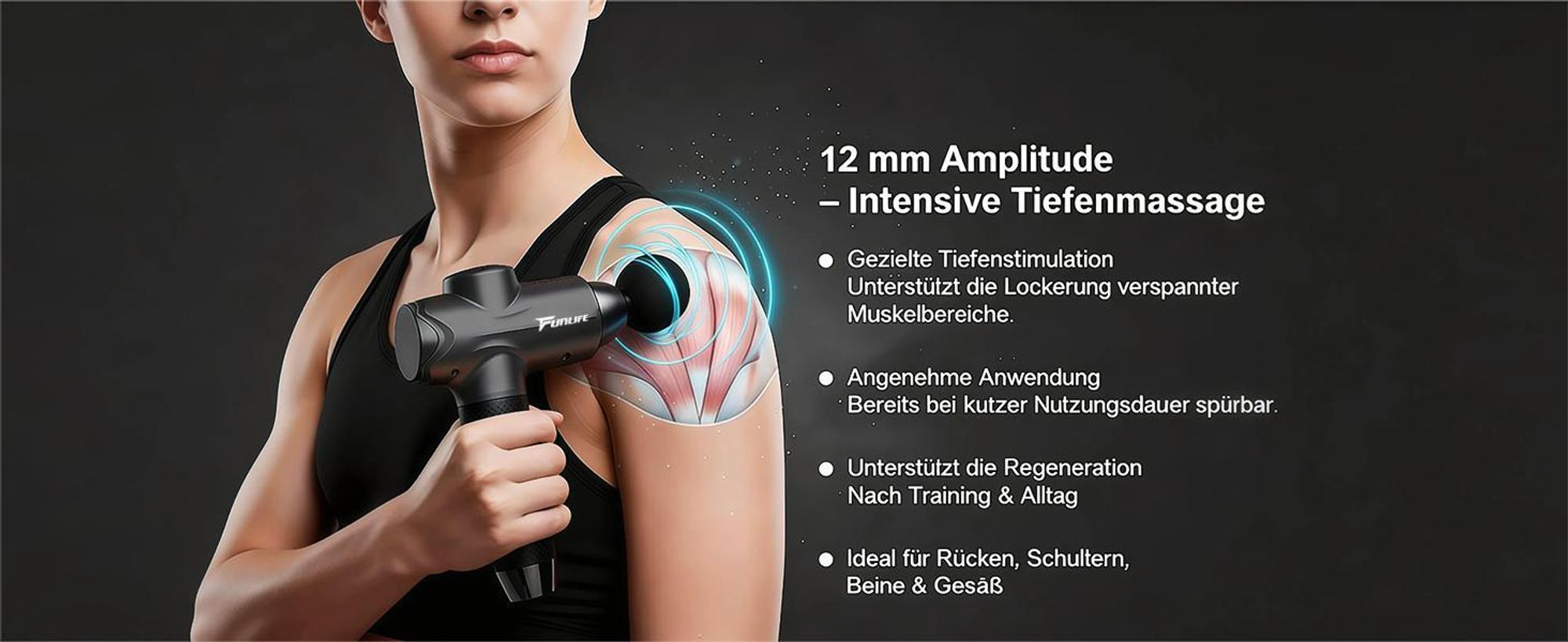FunLife M6 Massagepistole, Tiefengewebe Muskelmassagegerät, 12 mm Amplitude, 3200 U/min, 10 Stufen, 6 Massageköpfe, LED, USB-C, leise <45 dB
