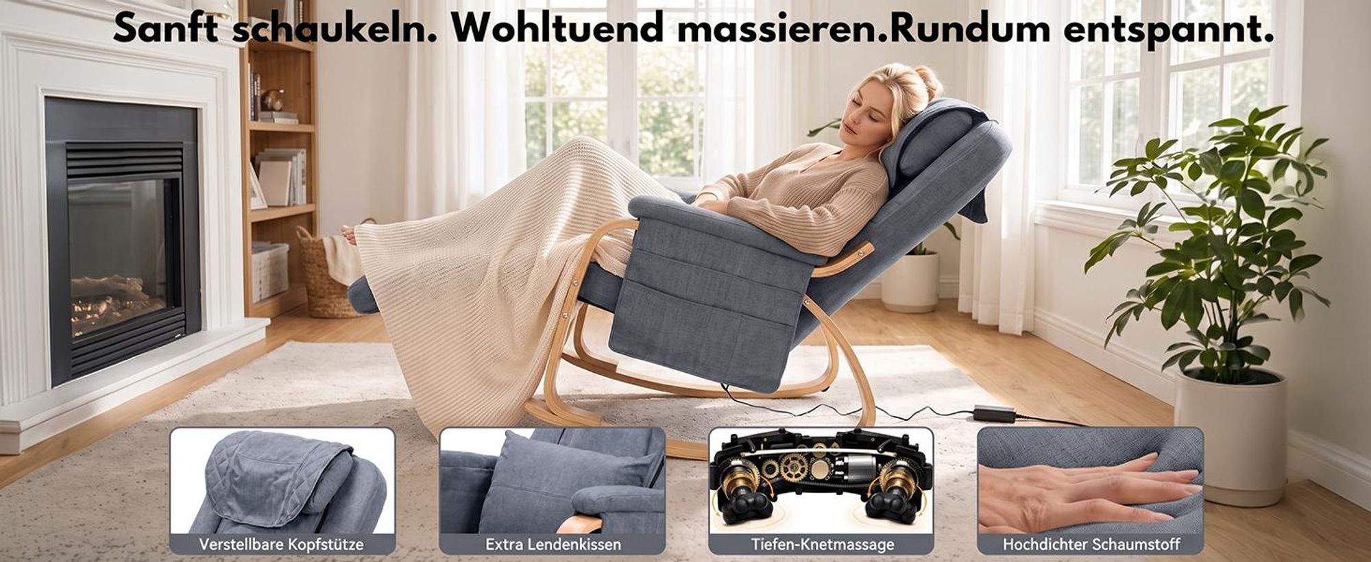Schaukelmassagesessel mit Massagefunktion, verstellbarer Kopfstütze und Lendenkissen für Zuhause