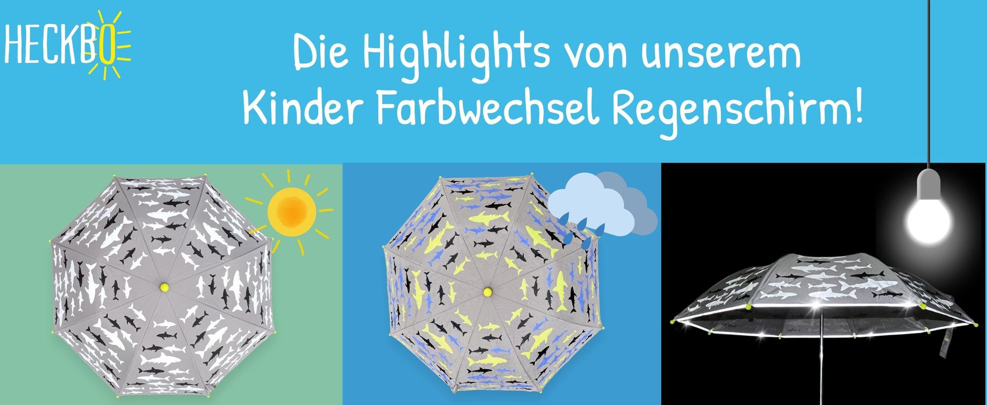 HECKBO Kinder Regenschirm Hai – Farbwechsel bei Regen, vollreflektierend, Holzgriff, mit Namensschild