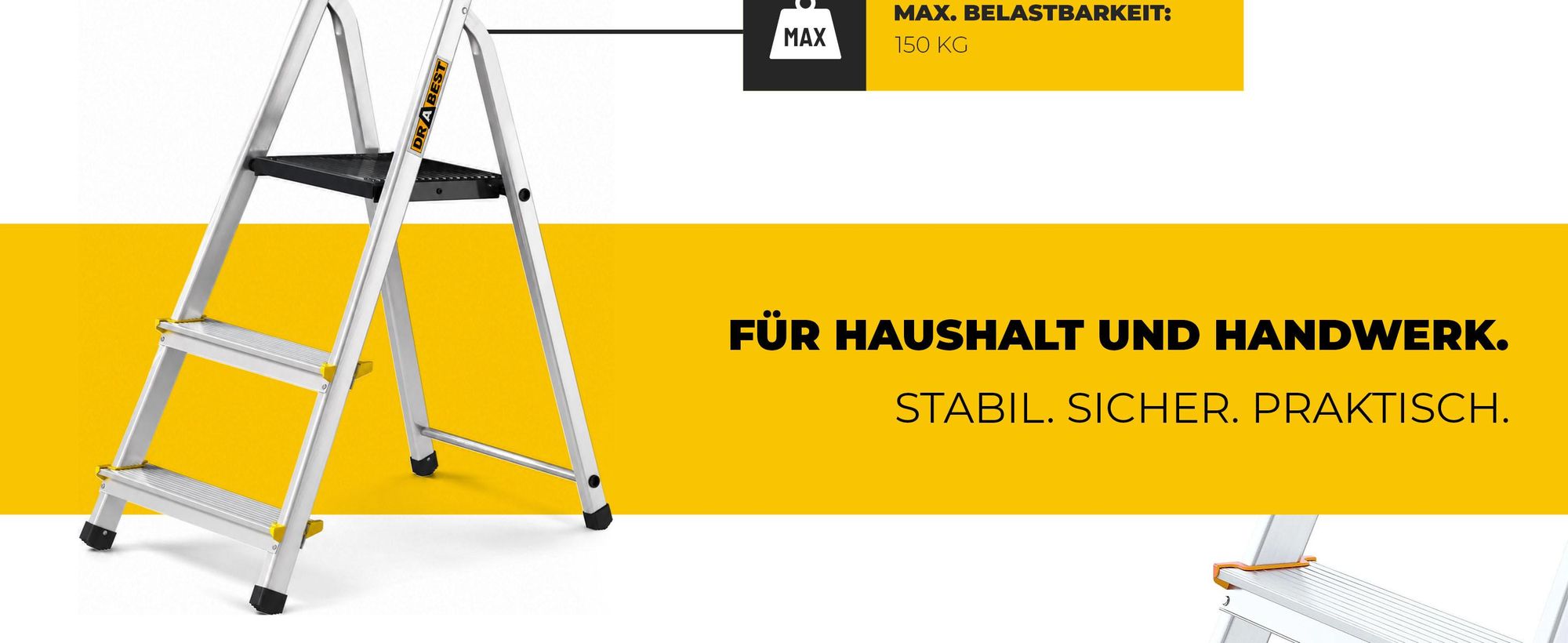 Drabest | Leiter - Mehrzweckleiter PRO - 3-stufig - Trittleiter - Aluminium - stabil und sicher - mit Haken - Tragkraft 150 kg