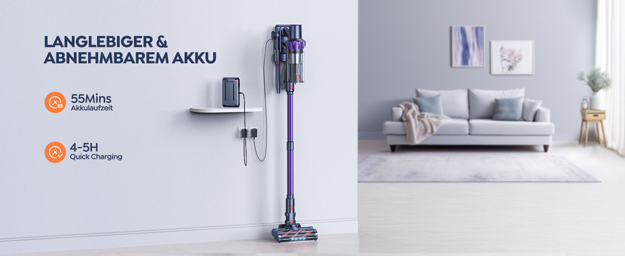 BuTure Akku Staubsauger, 450W 38KPa Staubsauger Kabellos mit Automodus, Leiser Akkusauger Bis zu 55 Min.