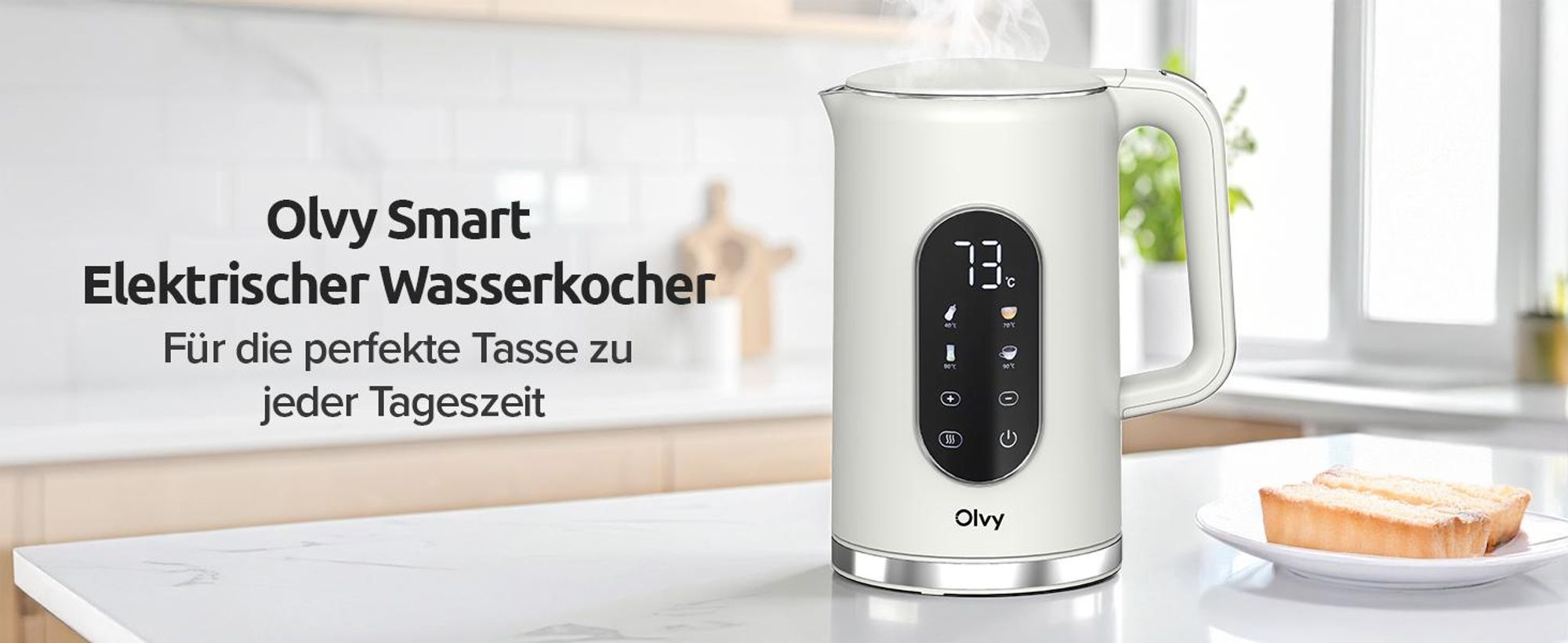 Olvy Wasserkocher Creme, Temperatureinstellung 1,7L – LCD-Display, 2200W, BPA-frei, Warmhaltefunktion, Kalkfilter, Temperaturwahl 40–100°, Edelstahl