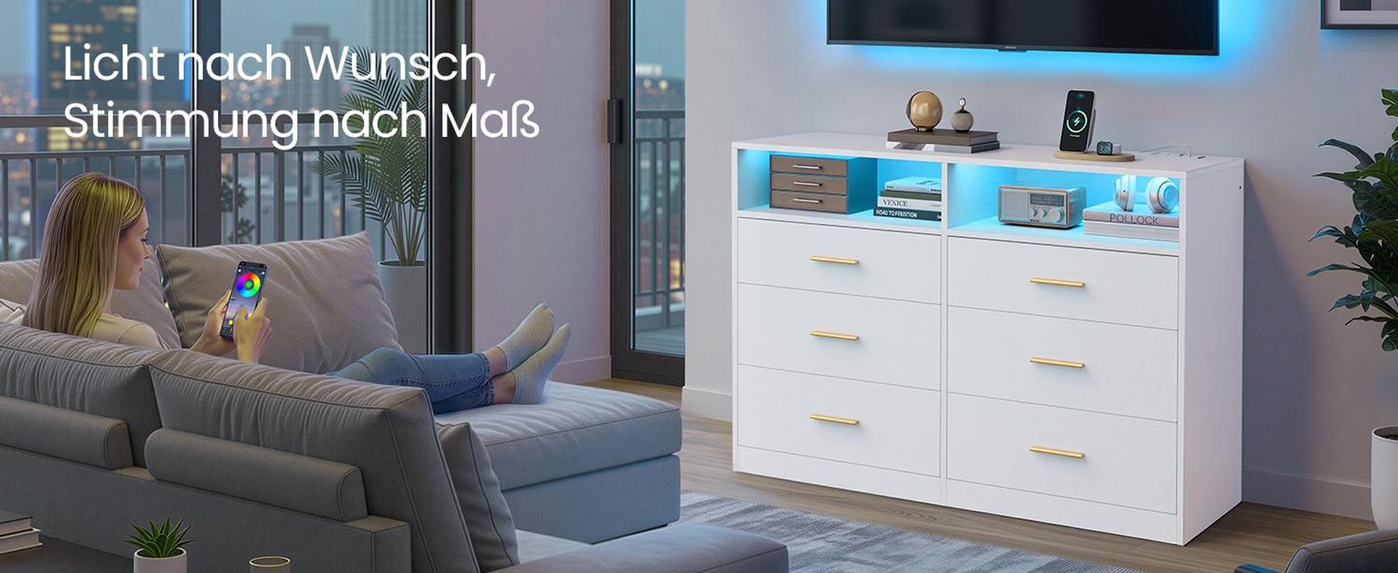 VASAGLE Kommode mit LED-Beleuchtung und Ladestation, 6 Schubladen, modern, Schlafzimmer Wohnzimmer, weiß