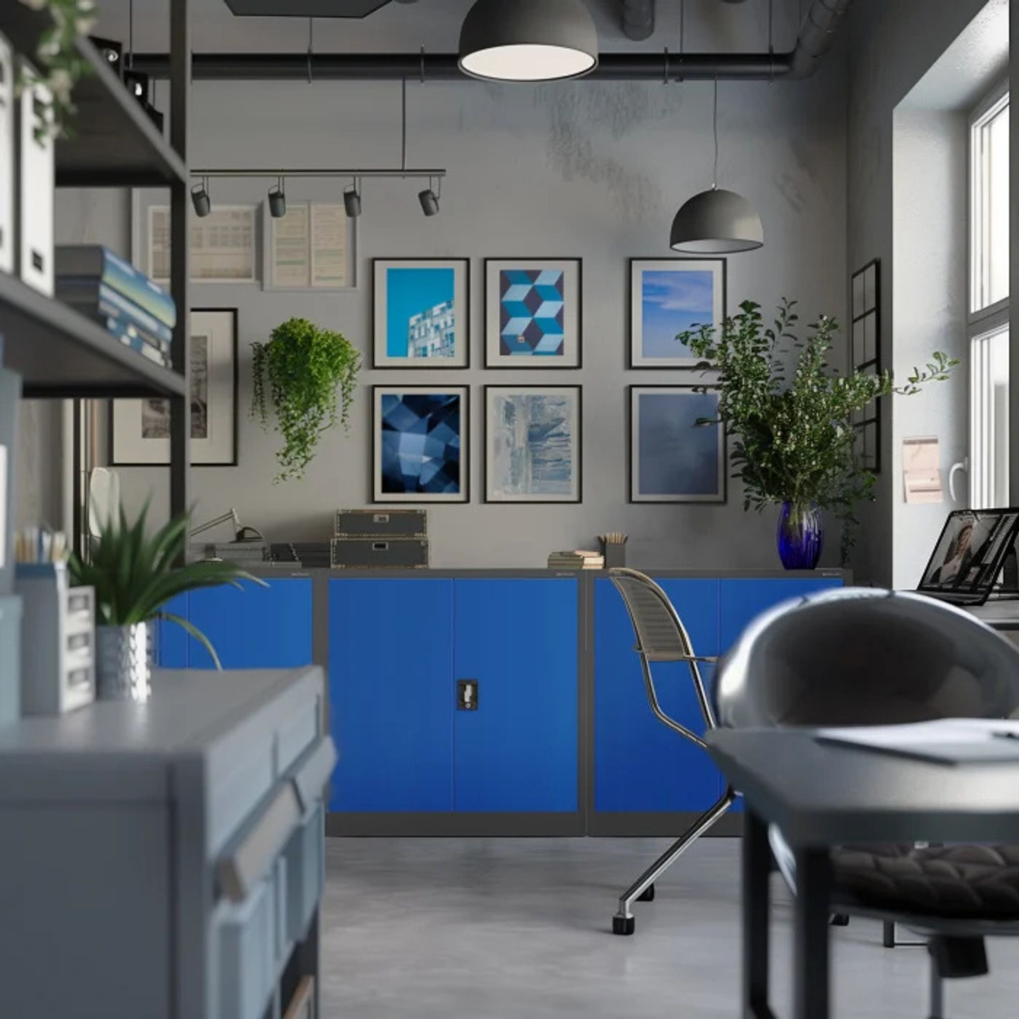 Kleiner Aktenschrank C001B Büroschrank mit Flügeltüren Metallschrank Lagerschrank Pulverbeschichtet Stahlblech 93 x 90 x 40 cm, Farbe: Anthrazit-blau