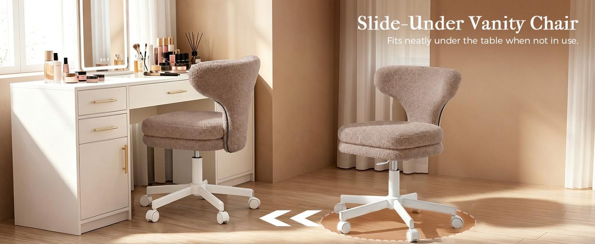 Chaise de maquillage COMHOMA avec roulettes, chaise de maquillage avec dossier enveloppant, fauteuil pivotant à hauteur réglable, jolie chaise de bureau pour chambre, pour la maison