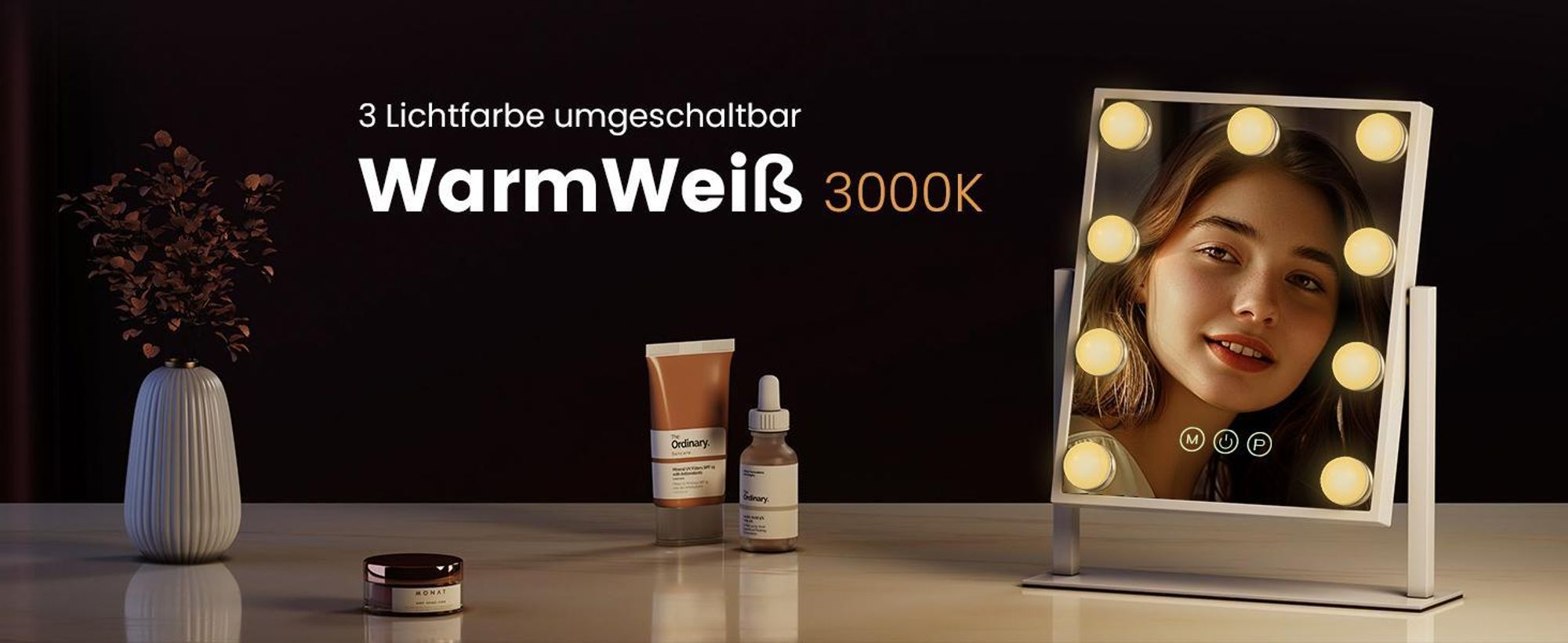 EMKE Kosmetikspiegel mit LED Belechtung 47.5X36.5cm Schminkspiegel 7x Vergrößerung 3 Lichtfarben Dimmbar 360° drehbar, Weiß