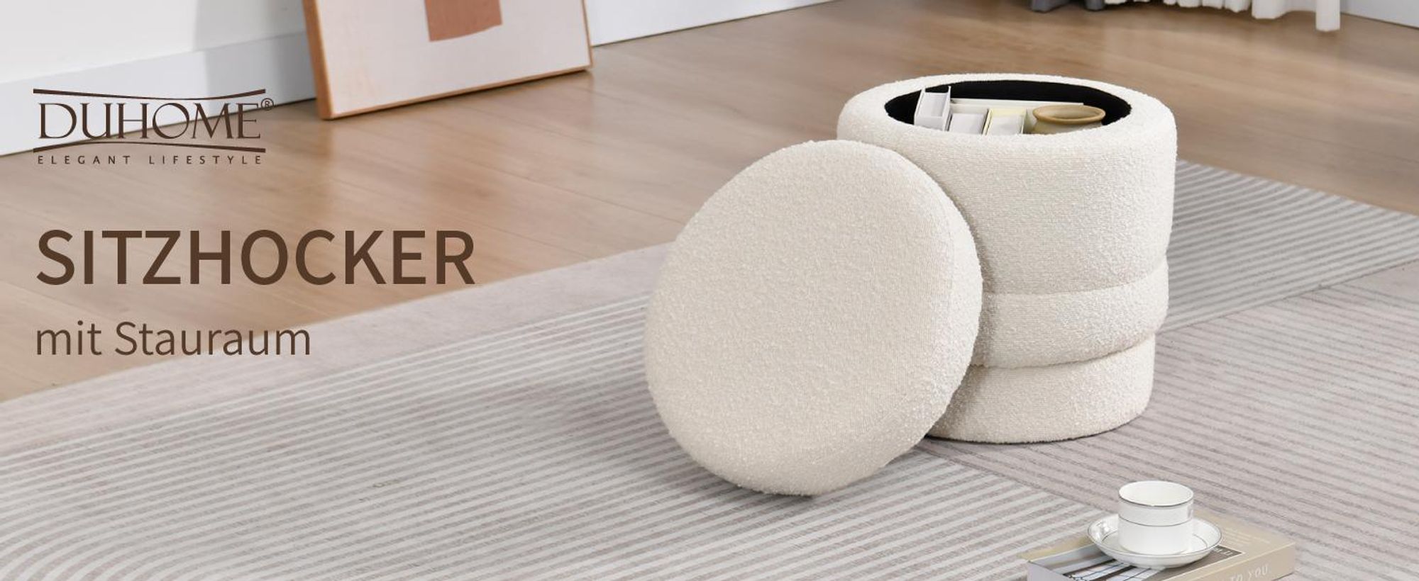 Duhome Ottoman Drehbar Rund Sitzhocker mit Stauraum Polsterhocker mit Deckel Stauhocker für Schlafzimmer Wohnzimmer Flur, Weiß