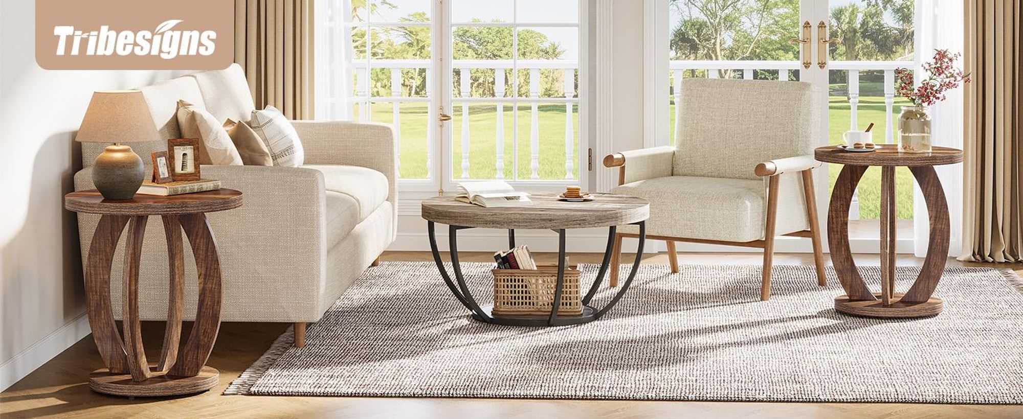 Tribesigns Runder Beistelltisch, Nachttisch fürs Schlafzimmer, Couchtisch im Landhausstil mit Holzgestell, Sofatisch aus Holz fürs Schlafzimmer