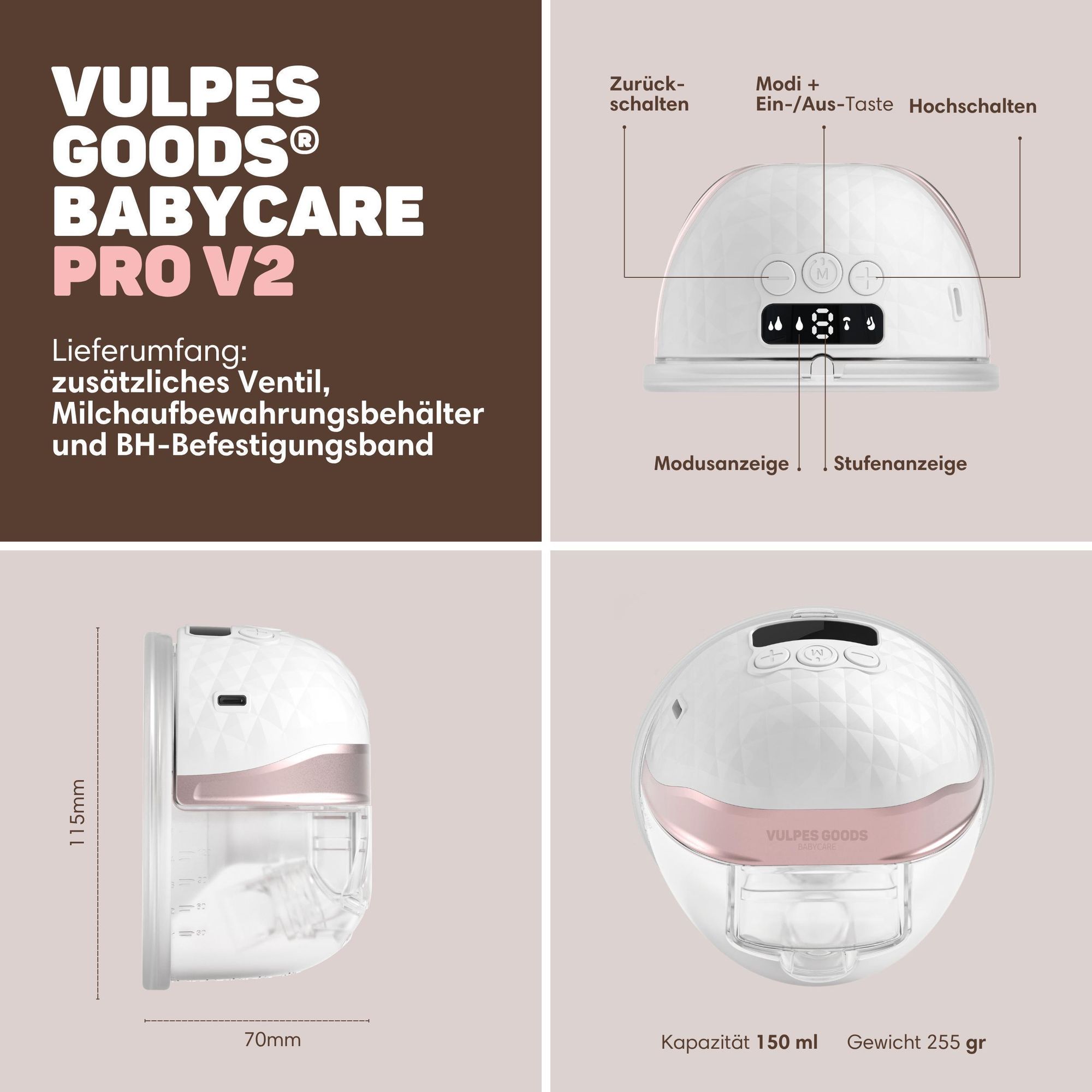 Vulpes Goods Einzelne Milchpumpe, Mit APP, Milchpumpe Elektrisch Tragbar mit 4 Modi und 36 Leistung, 19mm/21mm/24mm/28mm Flansch, Stillpumpe, Inkl. 30 Muttermilch-Aufbewahrungsbeutel, 1 Stück, PRO V2