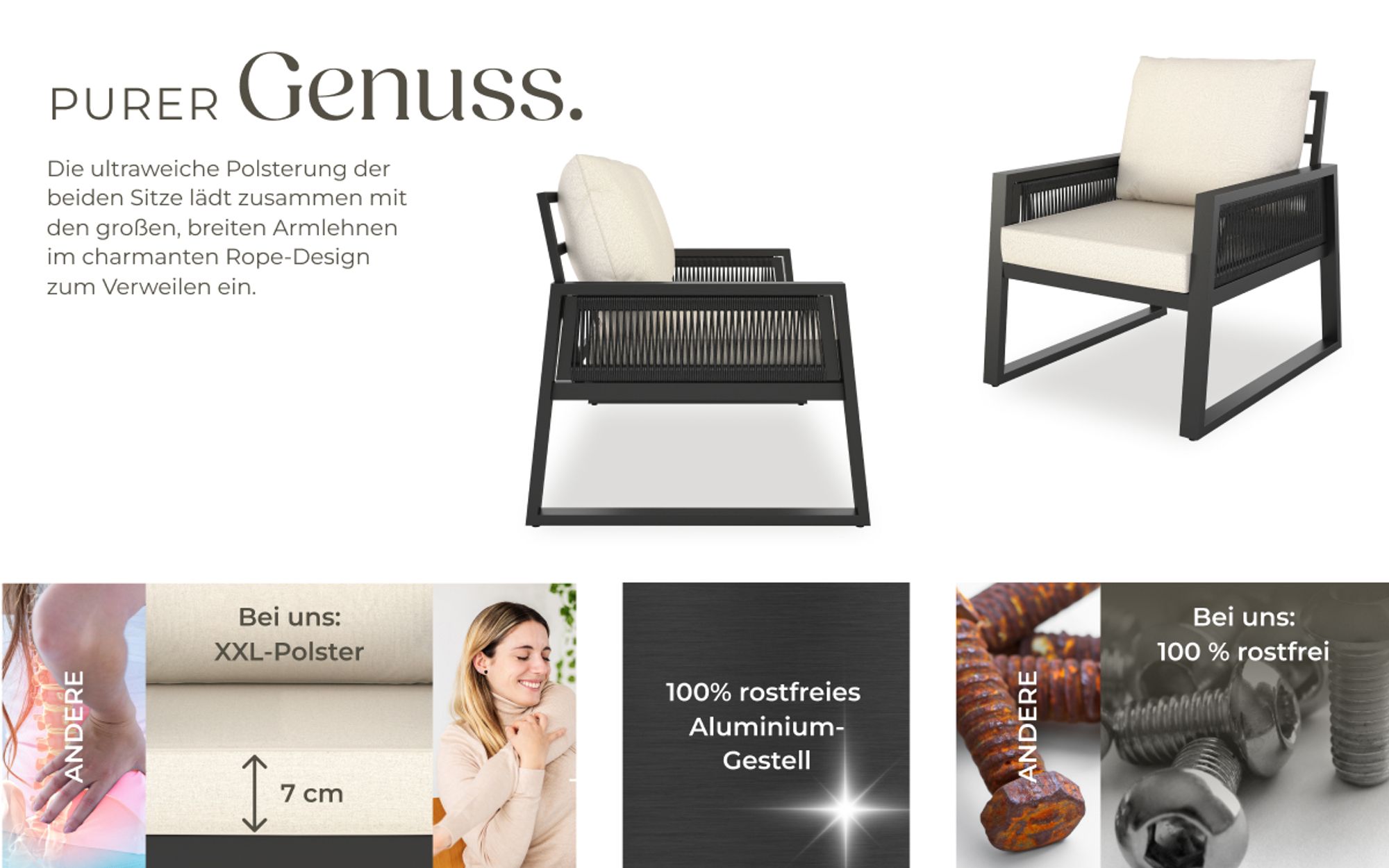 tectake® Aluminium Garten-Lounge Set Captive im Rope-Design
