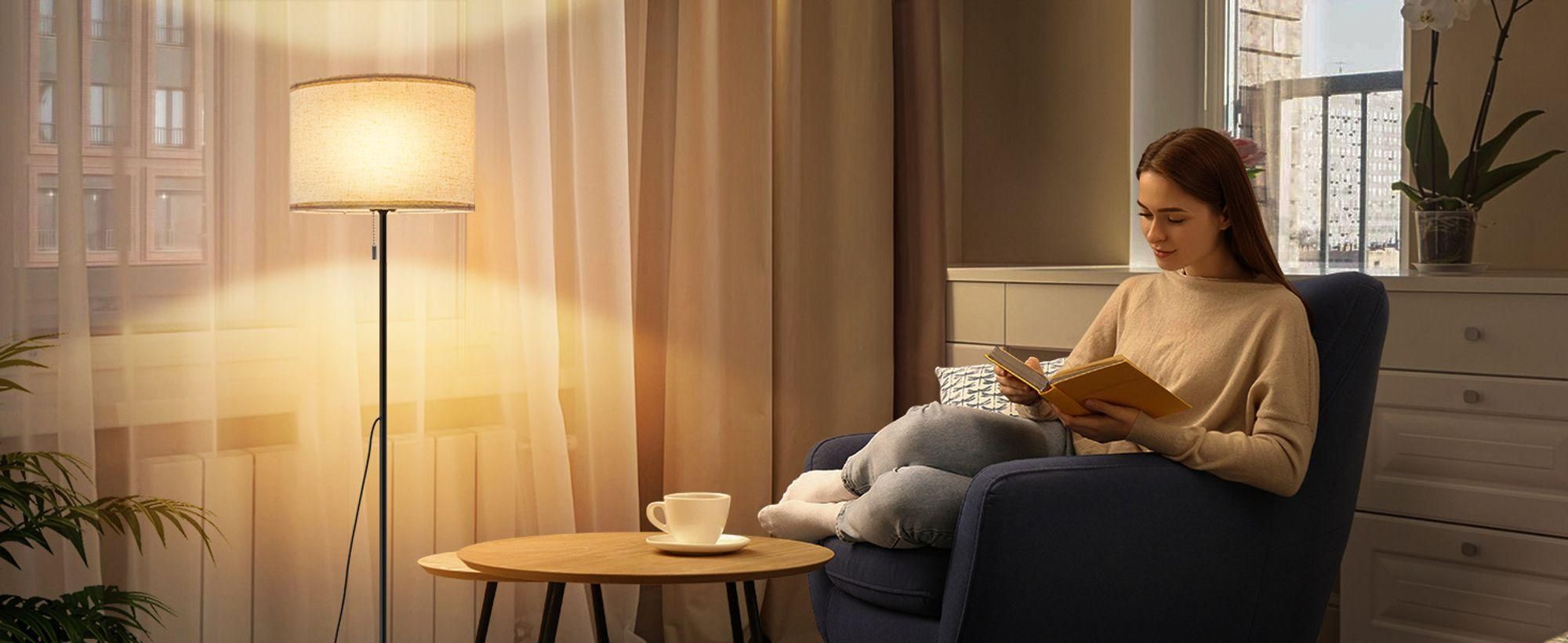 ZMH Standleuchte Wohnzimmer Dimmbar Stoff LED Stehlampen 136cm Standlampe Beige Lampenschirm Vintage Stehleuchten 3000K-6500K mit Seilzugschalter