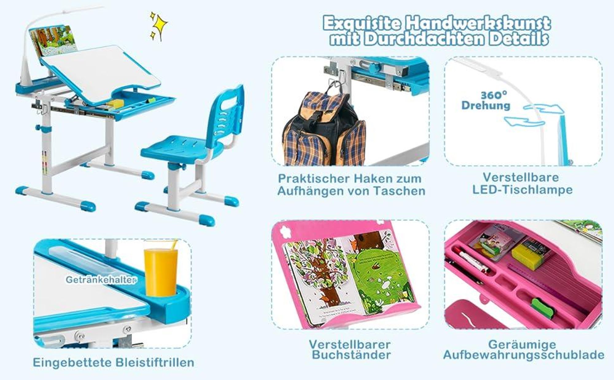 COSTWAY Kinderschreibtisch Set mit Bücherständer& LED-Licht, höhenverstellbarer Kindertisch und Stuhl mit gekippter Tischplatte&Schublade, Kinder Schreibtischfür Jungs & Mädchen (Rosa)