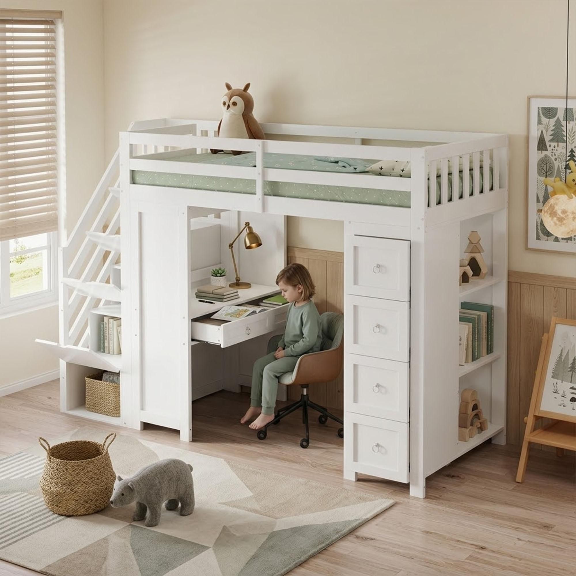 Flieks Etagenbett 90x200cm mit Schreibtisch und Regal, Kinderbett Hochbett mit Schubladen und Treppe, Stockbett Jugendbett mit Rausfallschutz, Weiß