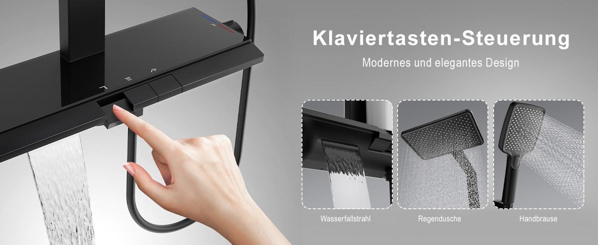 Homelody Duschsystem mit Thermostat und 395MM Ablage, Regendusche und Duschsteuerung,30cm Kopfbrause,Wasserablassfunktion unter Wasserfall