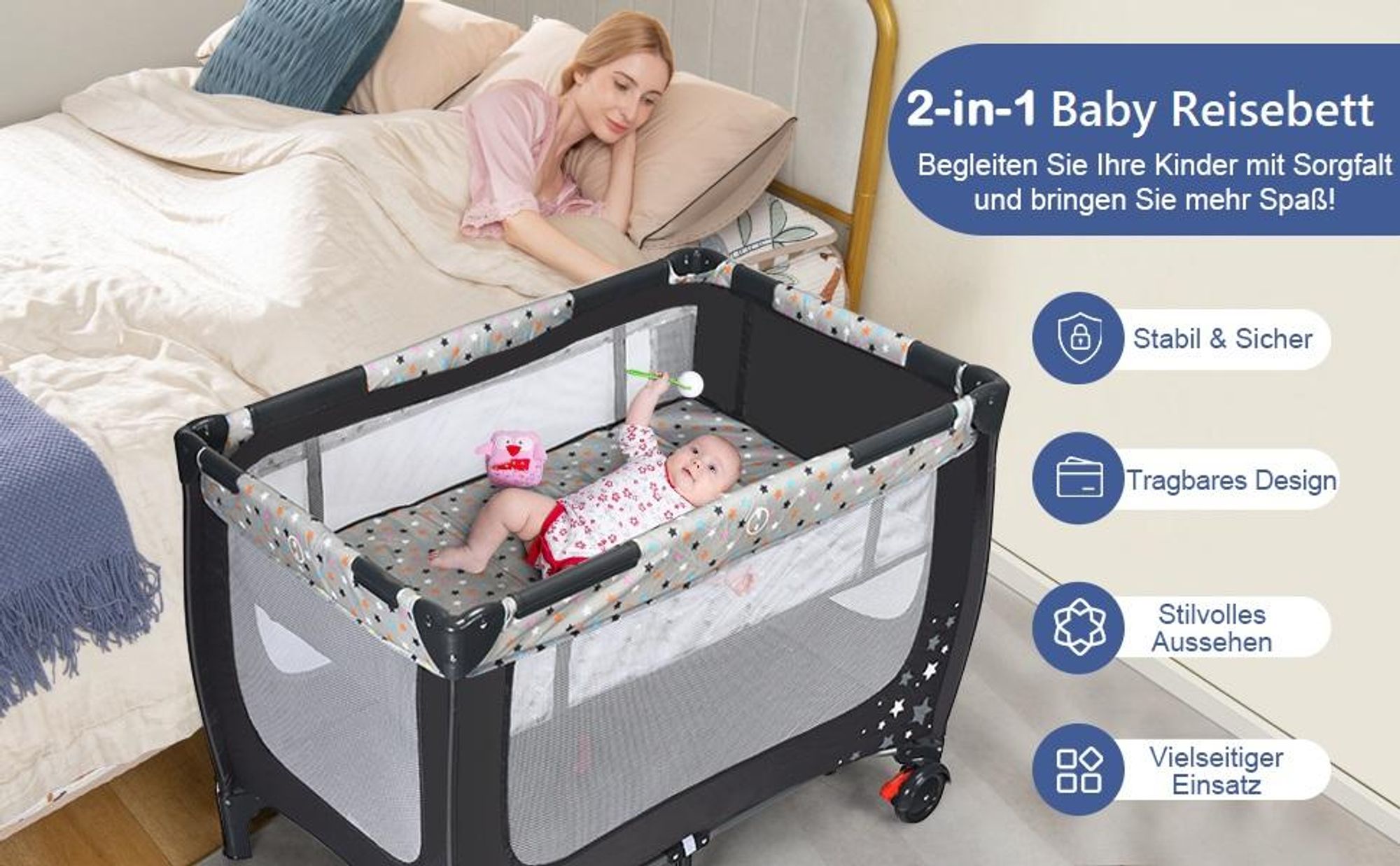 COSTWAY 2 in 1 Reisebett & Laufstall klappbar, 120 x 60cm Kinderbett, 2 Ebenen Babybett mit Matratze und Tragetasche (Grau)