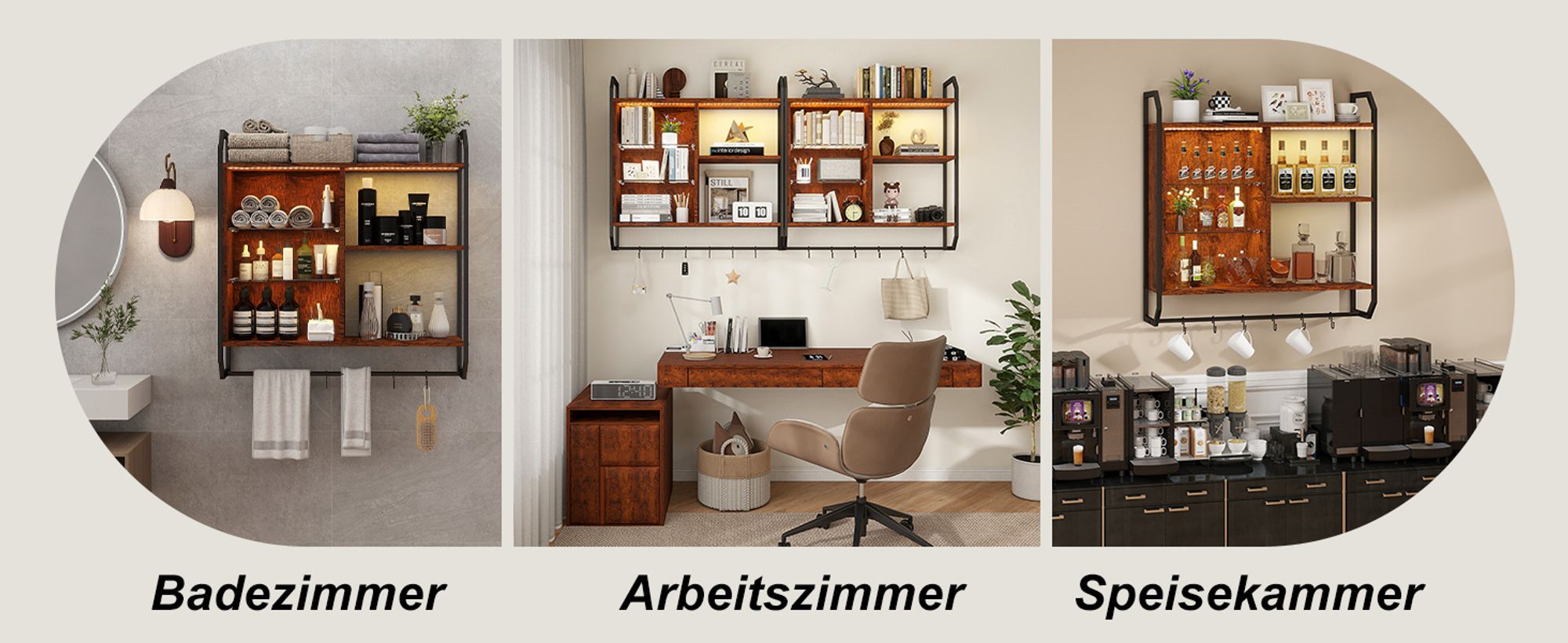 Puluomis Verstellbare Wandregal mit 6 Ablagen, 83x20x80cm, Holz Metall Hängeregal, RGB-LED-Lichter, Glas-Schweberegal, mit Hängestange Braun Schwarz