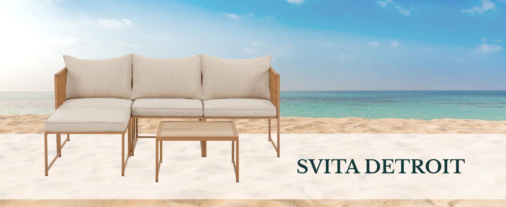Loungeset DETROIT in Grau mit Schriftzug SVITA DETROIT, im Hintergund ein Strand