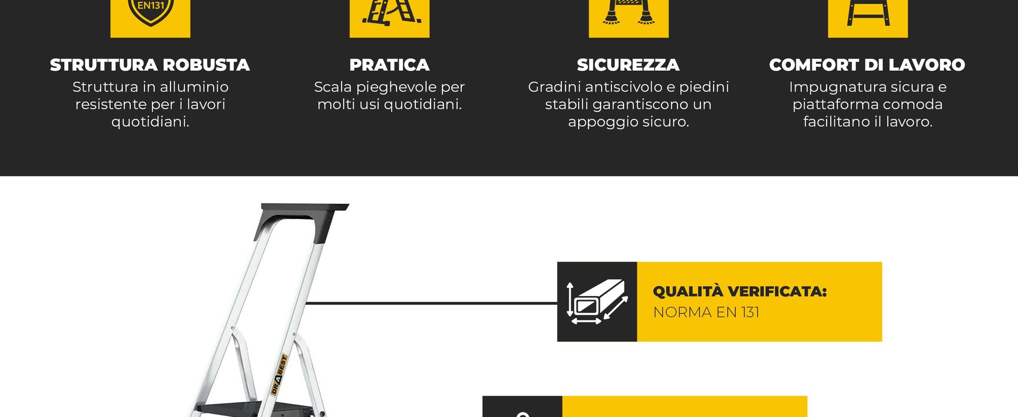 DRABEST | Scala - Scala multiuso - Scala in alluminio - PRO a 6 gradini - con ripiano - fino a 150 kg