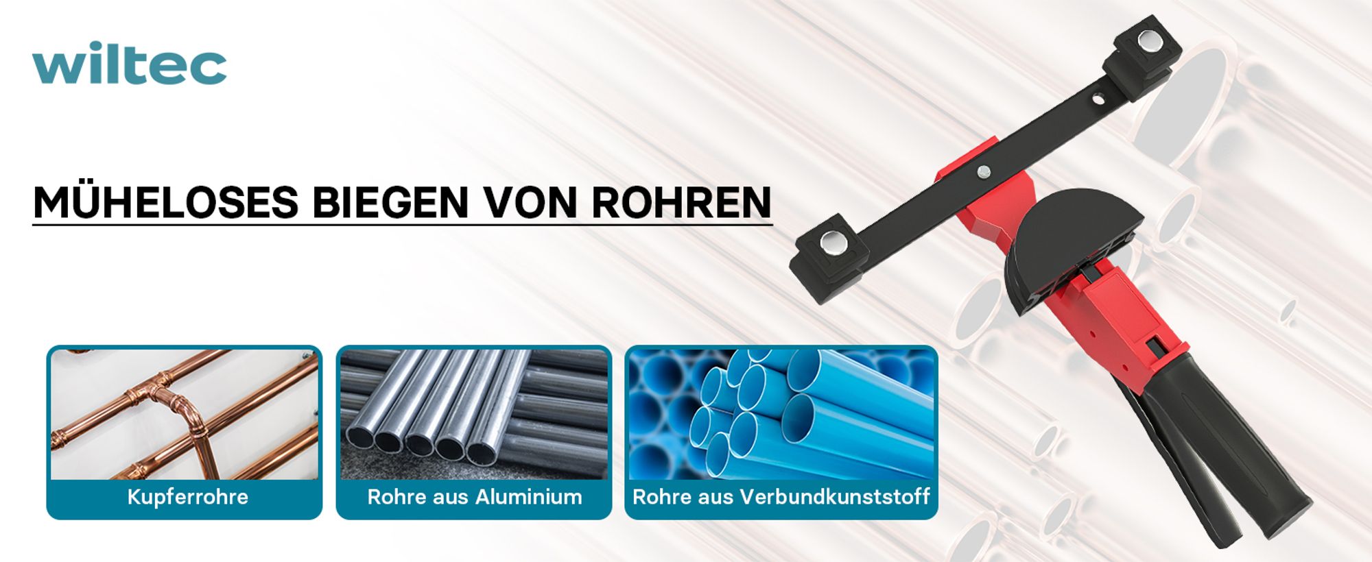 Wiltec Rohrbiegemaschine manuell, für Rohrdurchmesser 14-32 mm und Biegeradius bis 90°, Handbiegegerät für Alu-, Kupfer- und Kunststoffrohre, Rohrbieger