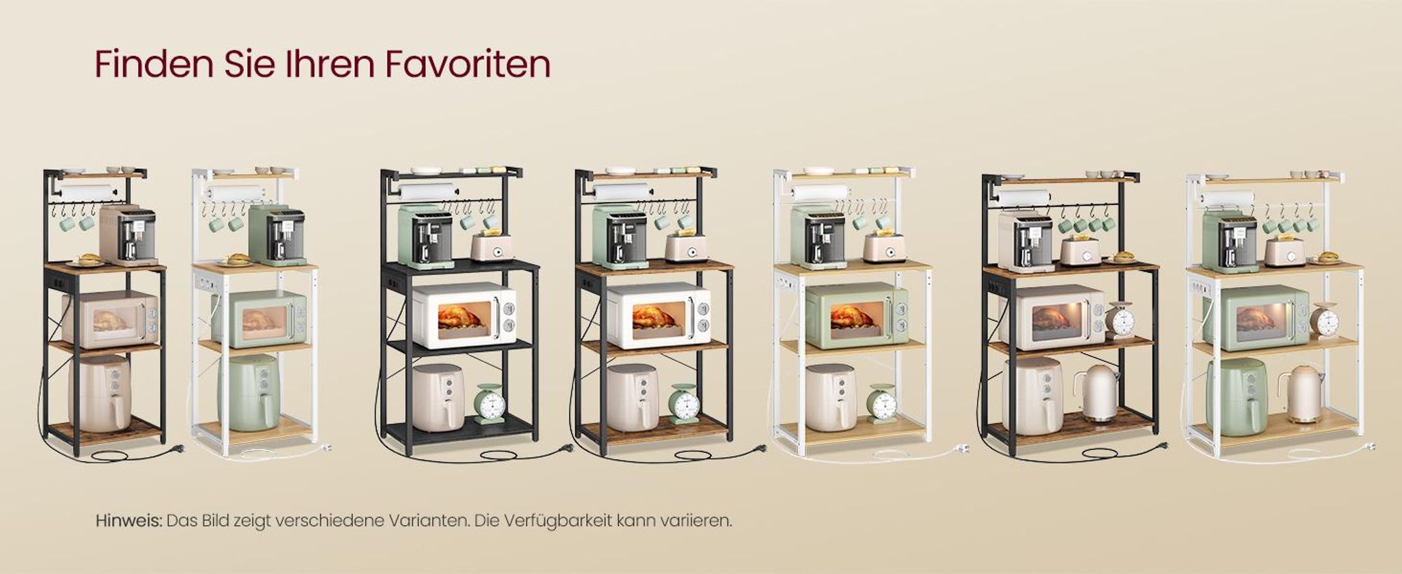 VASAGLE Standregal mit 4 Ebenen, Küchenregal mit Ladestation, 8 Haken, 40 x 45 x 140 cm, goldeichenfarben-weiß