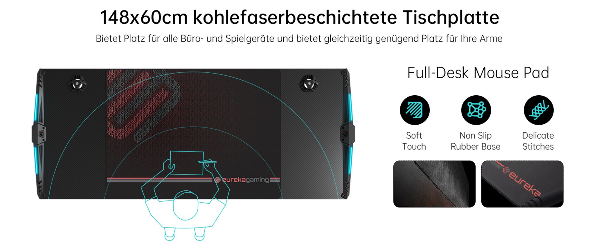 EUREKA ERGONOMIC Gaming Tisch mit LED Computertisch 140×60cm Schreibtisch Gamingtisch mit Getränkehalter und Kopfhörerhalter
