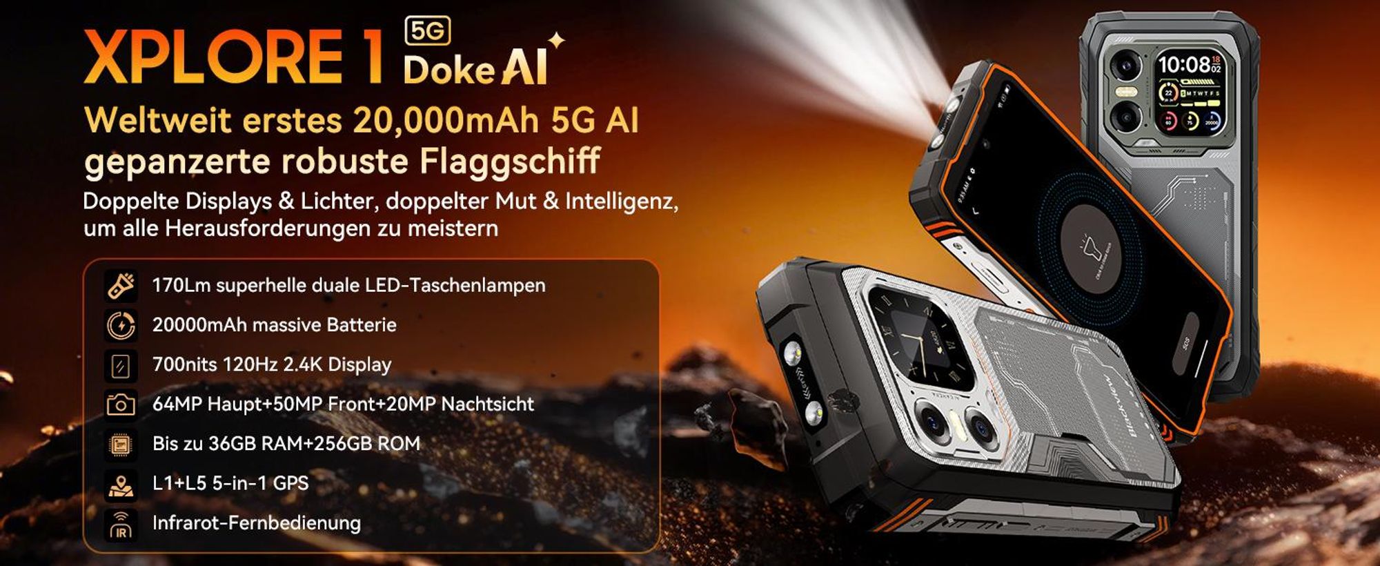 XPLORE 1 Dual-Screen Rugged Smartphone, 5G, 1080*2460, 120Hz, 64MP+50MP+20MP Nachtsicht, 55W, 5W OTG