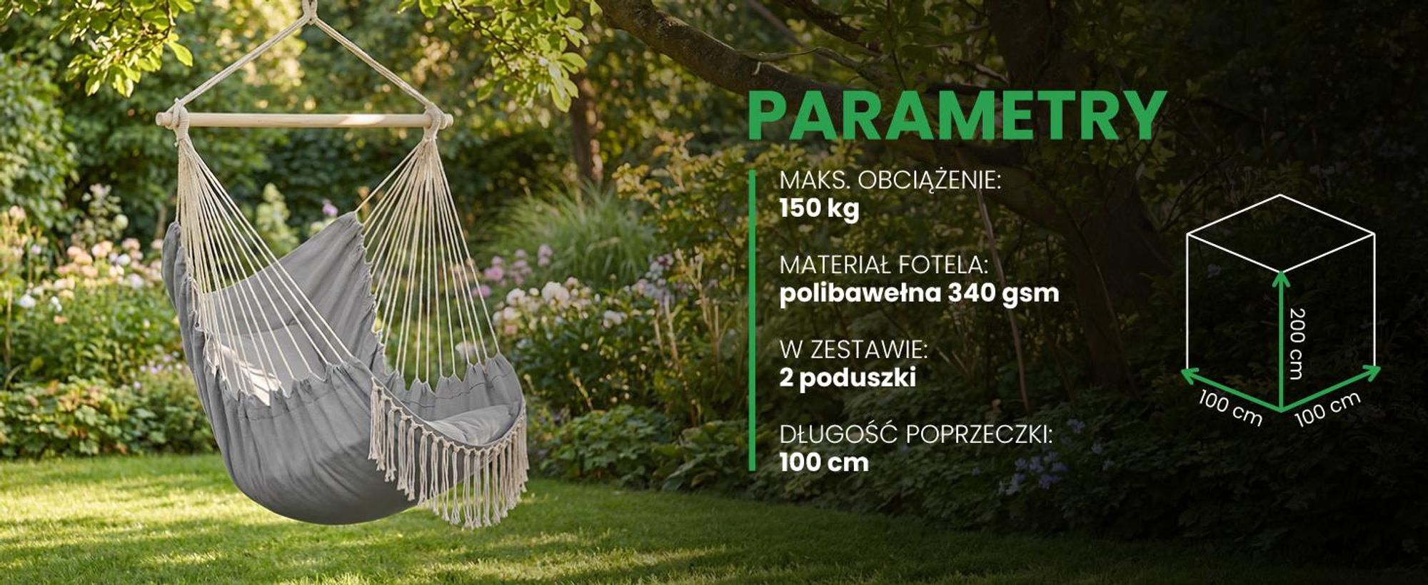 Wiszący fotel ogrodowy w stylu brazyliskim z dwiema poduszkami do wagi 150 kg