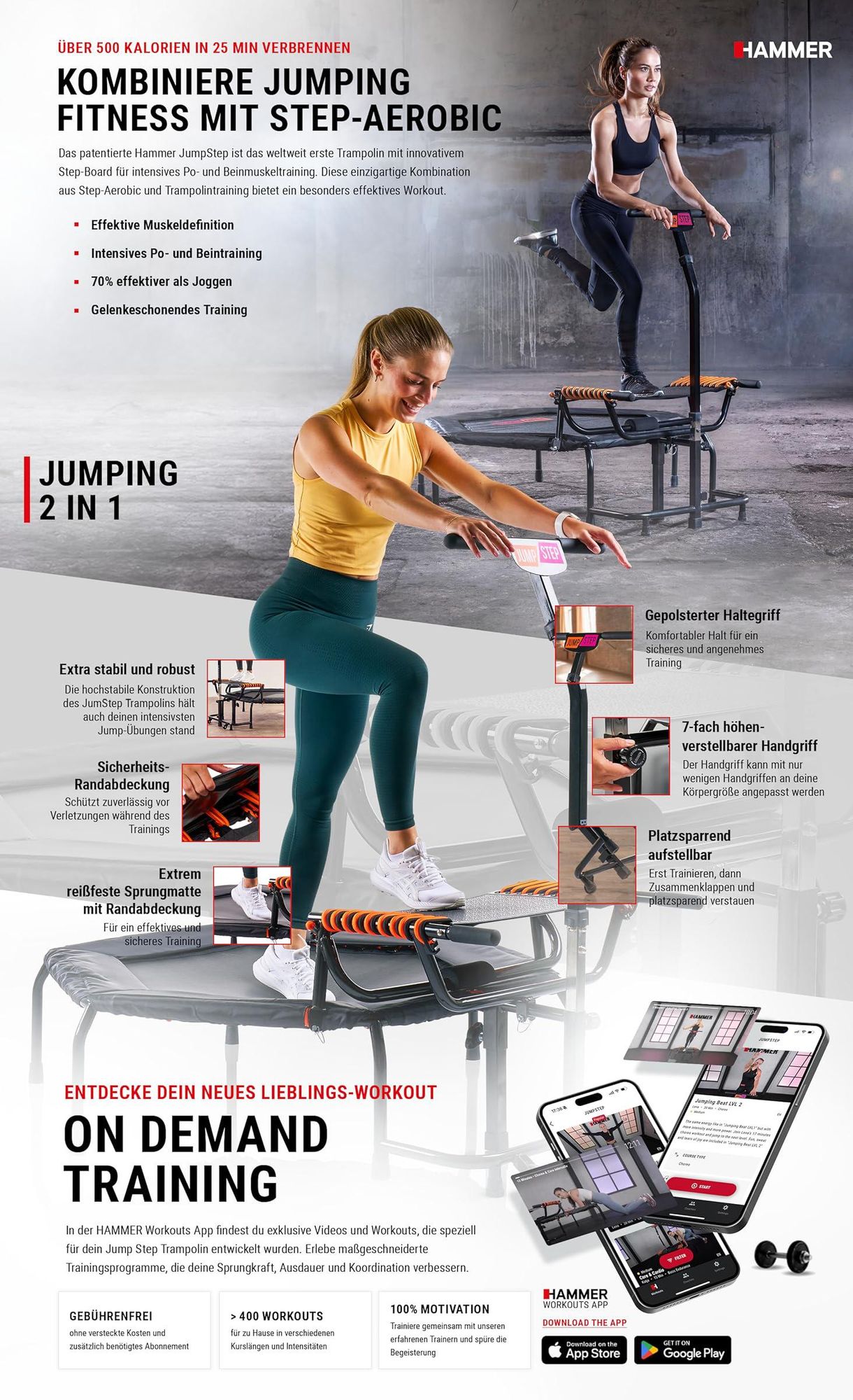 HAMMER Fitness-Trampolin JumpStep, flexibles & gelenkschonendes Step-Board