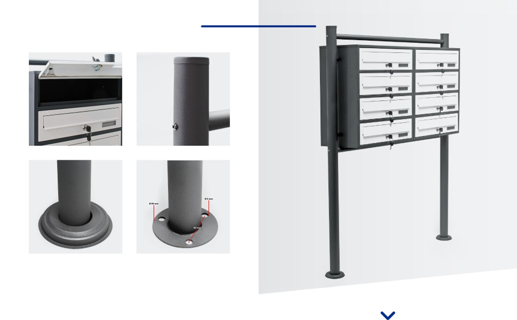 Wiltec 8er Briefkastenanlage Weiß/Anthrazit 945 x 270 x 1500 mm, Standbriefkasten mit 2x4 Fächern, Schlüssel und Namensschild, Briefkasten Postkasten mit Ständer
