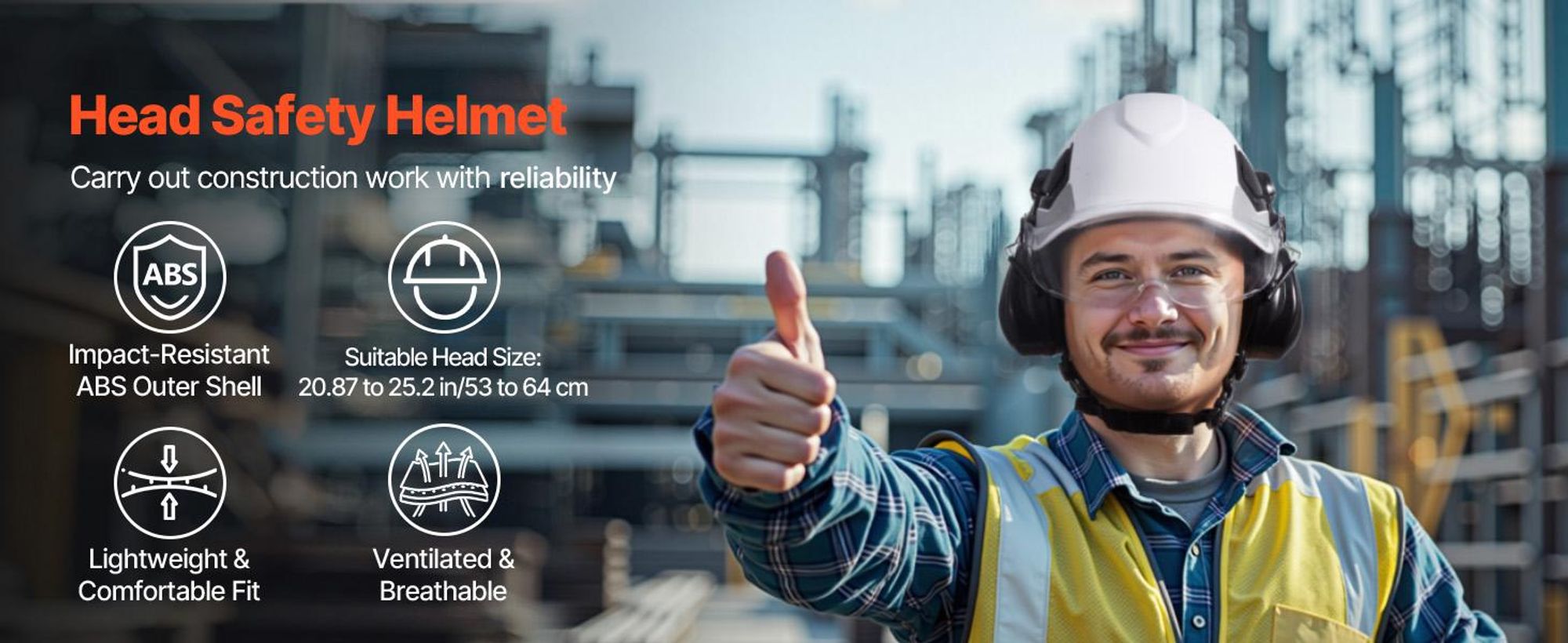 VEVOR Schutzhelm ANSI/ISEA Z89.1-zugelassener ABS-Sicherheitshelm mit Visier & Ohrenschützern, verstellbarer Industriehelm belüfteter Bauhelm Arbeitshelm für Industriebau Arbeitskleidung Weiß