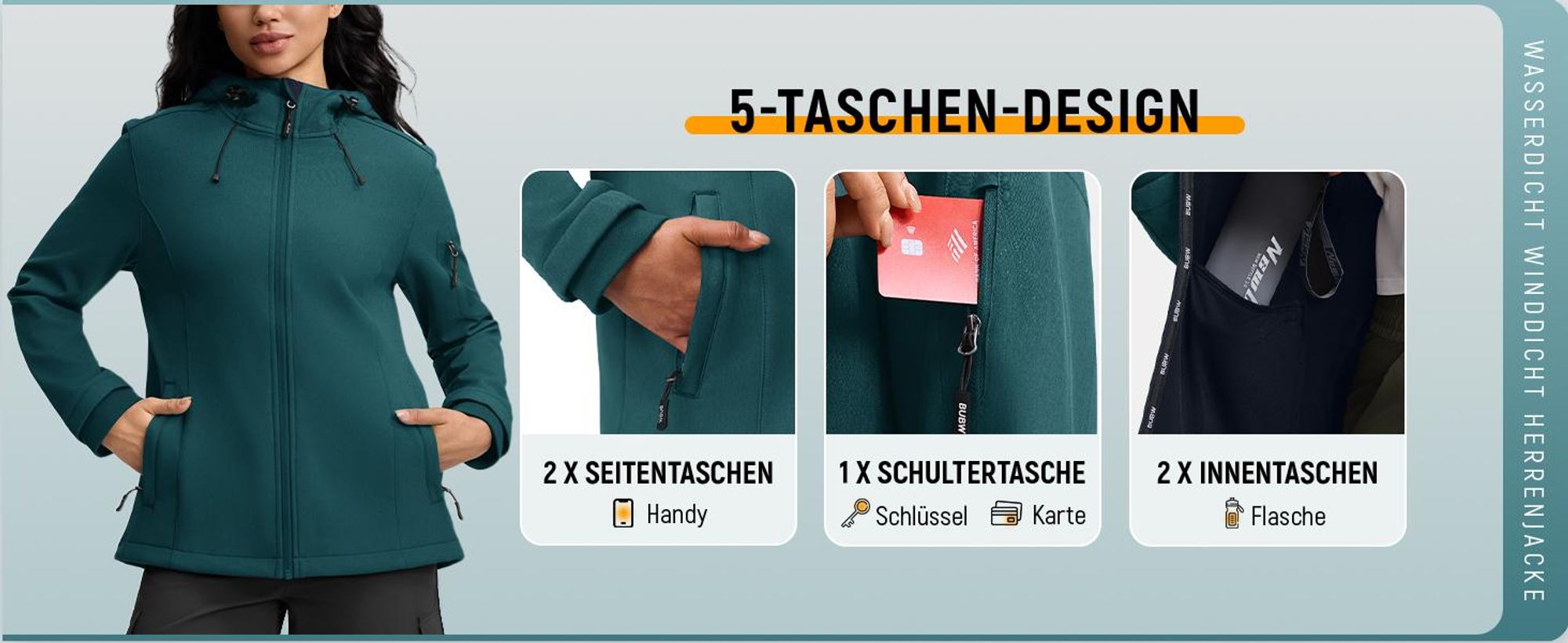 BUBW Damen Softshell Jacke mit Kapuze (Lagoon M), wasserdicht winddicht, elastisch warm mit Kationengewebe für Outdoor Aktivitäten