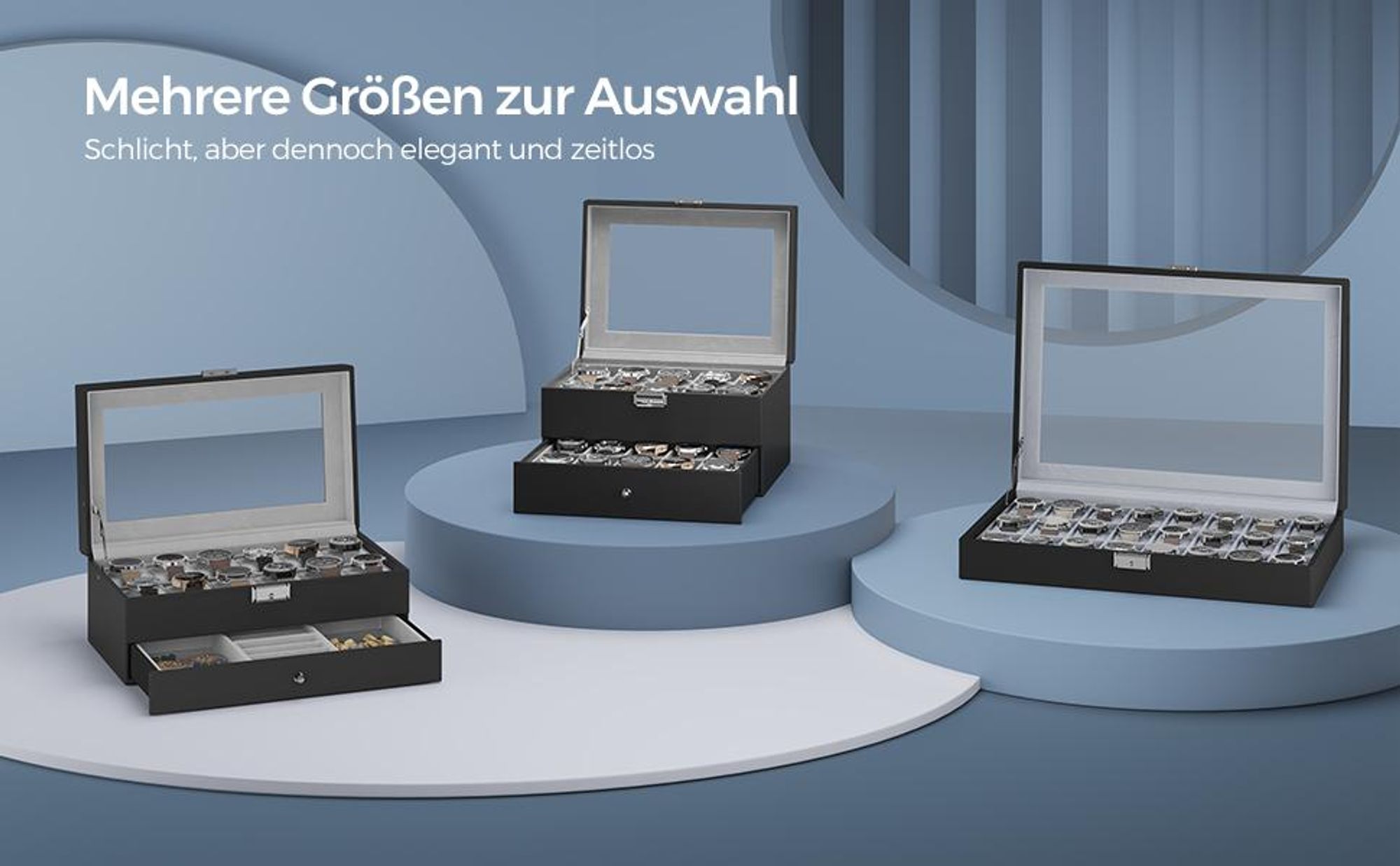 SONGMICS Uhrenbox, abschließbarer Uhrenkasten, Uhrenkoffer, Organizer für Uhren, mit 24 Fächern, Glasdeckel, Geschenk für die Liebsten, PolyurethanBezug in Schwarz, Samtfutter in Grau BWJ024