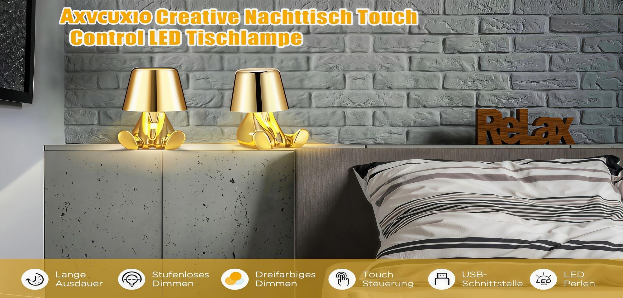 Thinker-Statue LED Nachttischlampe mit Touch-Steuerung,USB-Aufladung,3 Helligkeitsstufen,Kabellose Dimmbare Tischlampe,Dekorative Nachtlicht,(Gold A)