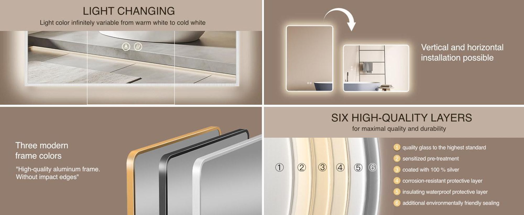 Specchio da bagno HOKO antiappannamento LED 50x70 cm con cornice di montaggio HIGH+QUER. Interruttore touch+cambio di luce bianco caldo-bianco freddo-neutro. Funzione di memoria