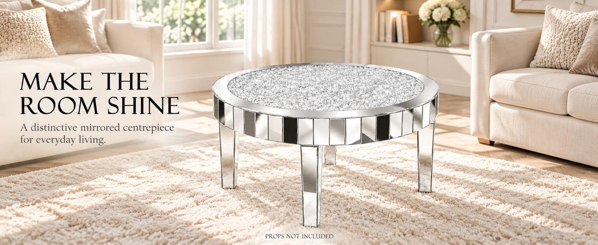 Vrygle Couchtisch rund Ø80 cm Spiegelglas Silber mit Glitzerdekor